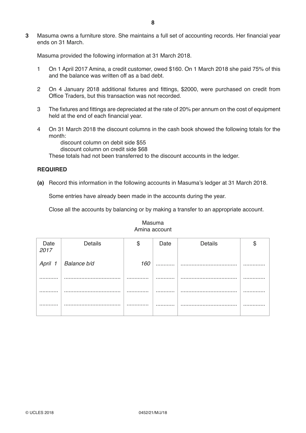 Cambridge IGCSE Accounting 0452 2018 May/June Paper 2 · Variant 1 question paper, page 8 of 20