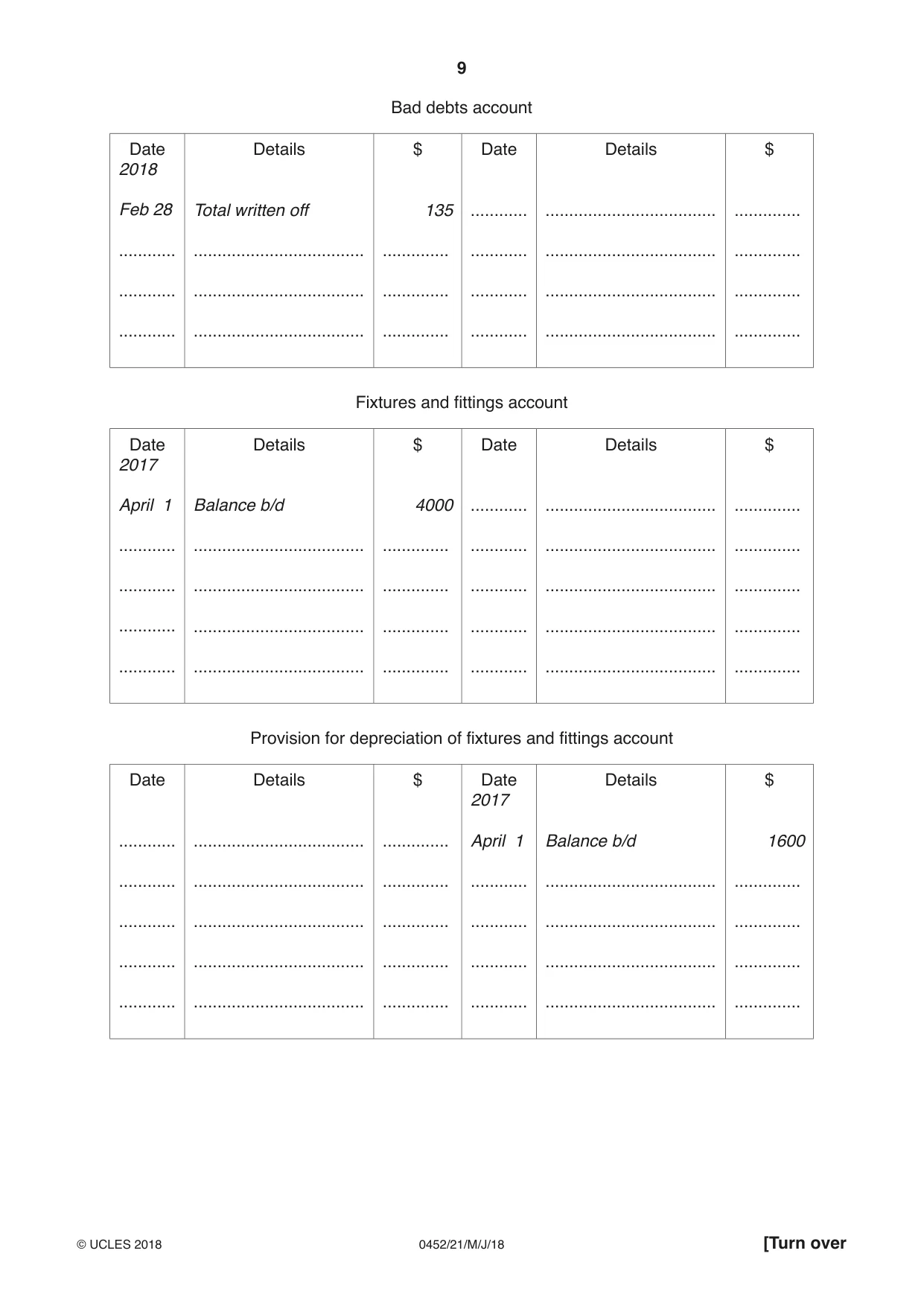 Cambridge IGCSE Accounting 0452 2018 May/June Paper 2 · Variant 1 question paper, page 9 of 20
