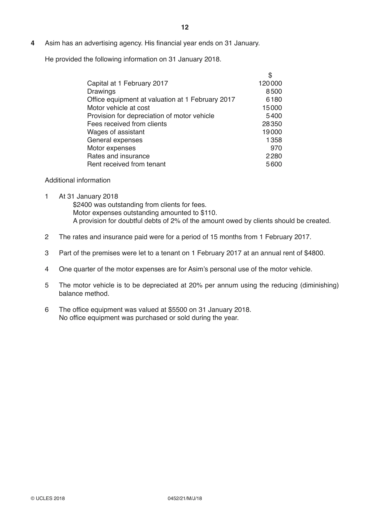 Cambridge IGCSE Accounting 0452 2018 May/June Paper 2 · Variant 1 question paper, page 12 of 20