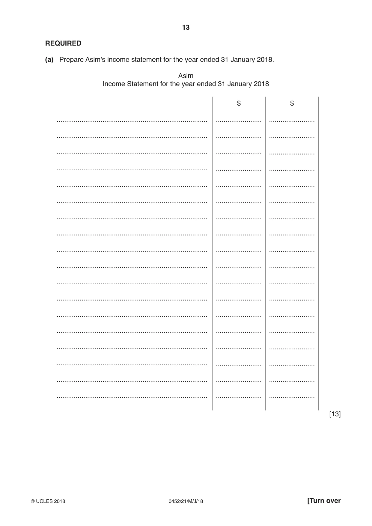 Cambridge IGCSE Accounting 0452 2018 May/June Paper 2 · Variant 1 question paper, page 13 of 20