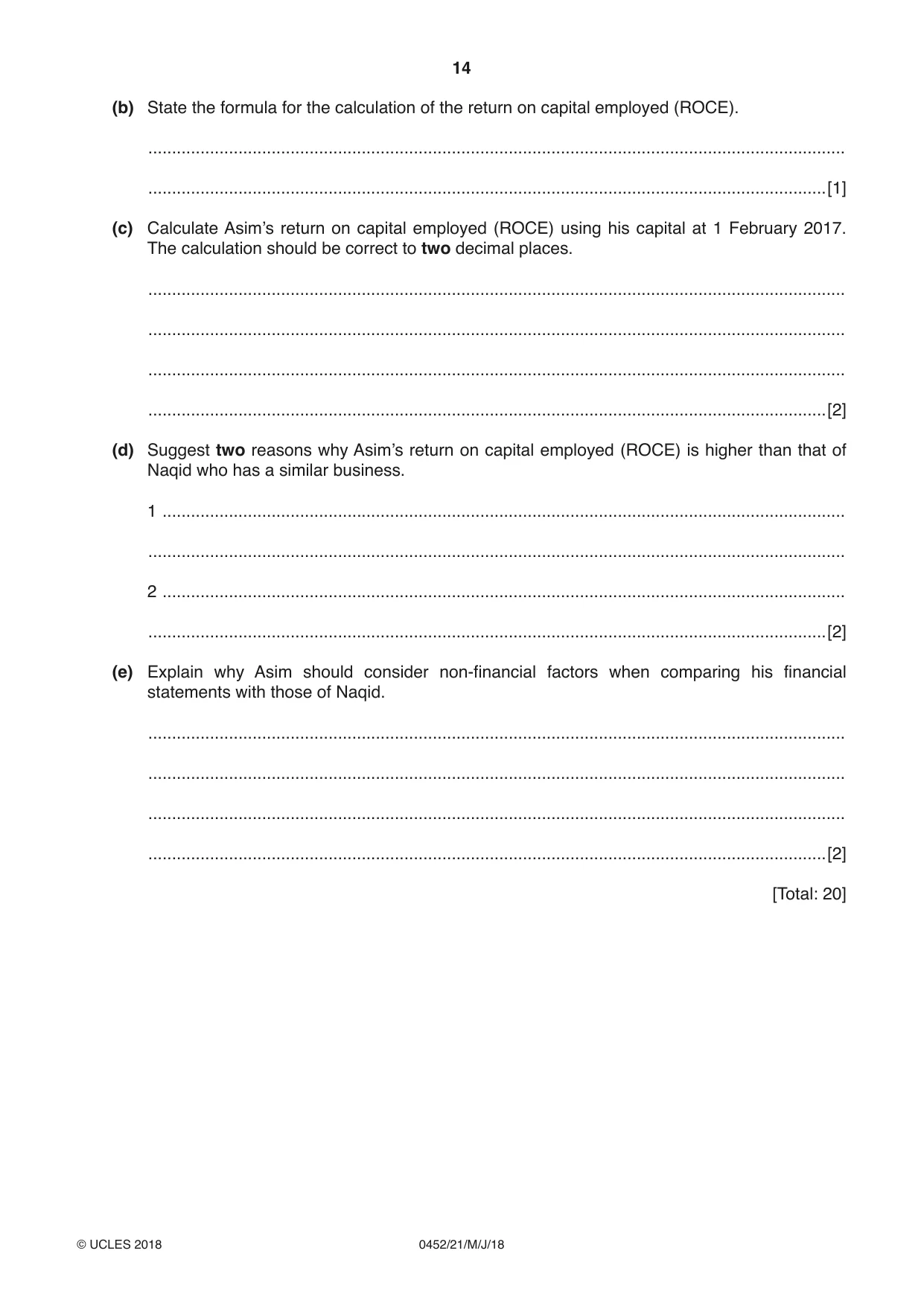 Cambridge IGCSE Accounting 0452 2018 May/June Paper 2 · Variant 1 question paper, page 14 of 20