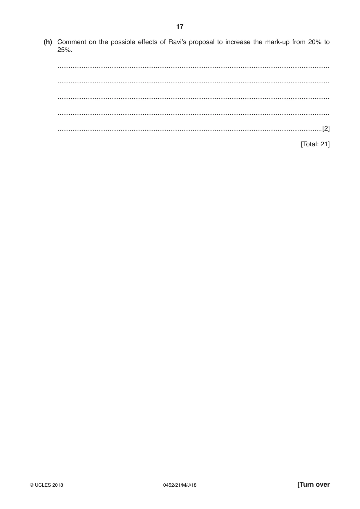 Cambridge IGCSE Accounting 0452 2018 May/June Paper 2 · Variant 1 question paper, page 17 of 20