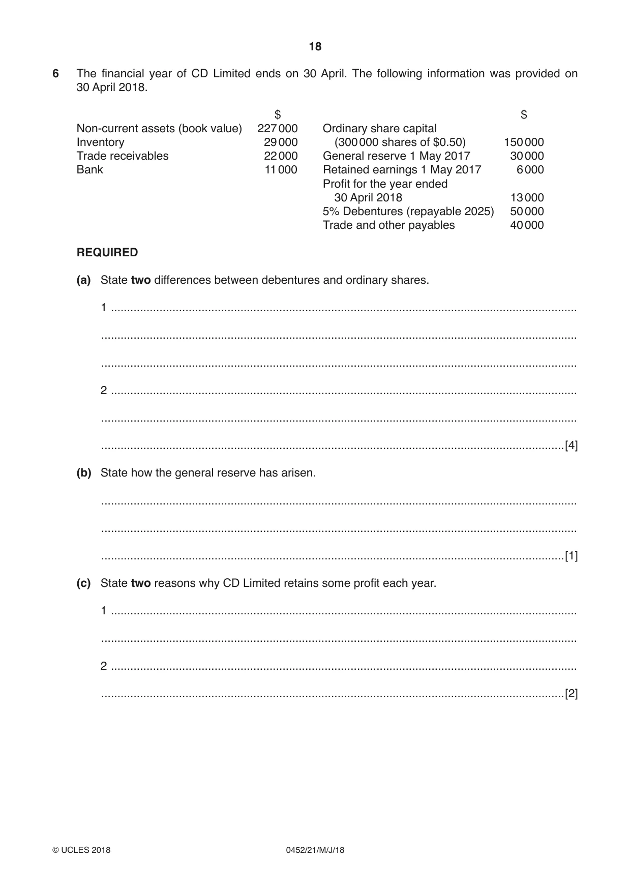Cambridge IGCSE Accounting 0452 2018 May/June Paper 2 · Variant 1 question paper, page 18 of 20