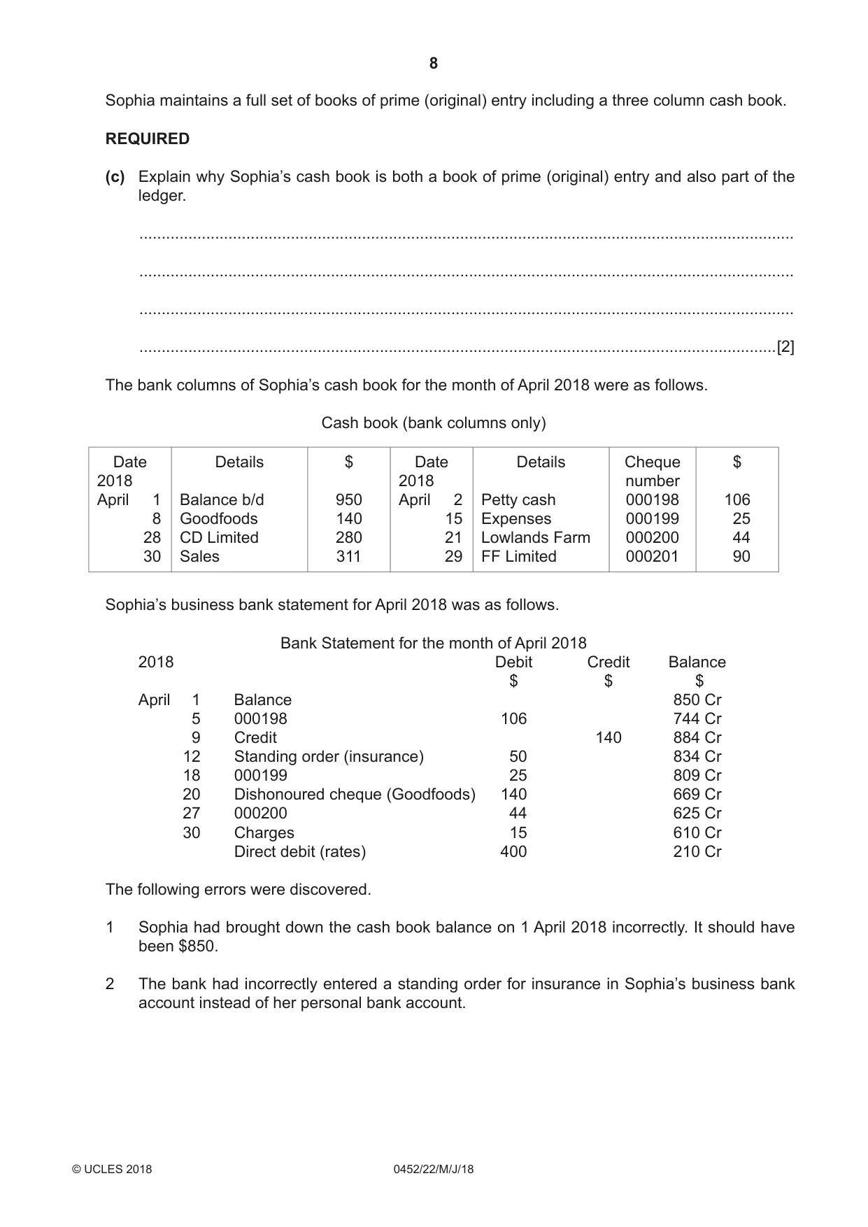 Cambridge IGCSE Accounting 0452 2018 May/June Paper 2 · Variant 2 question paper, page 8 of 24