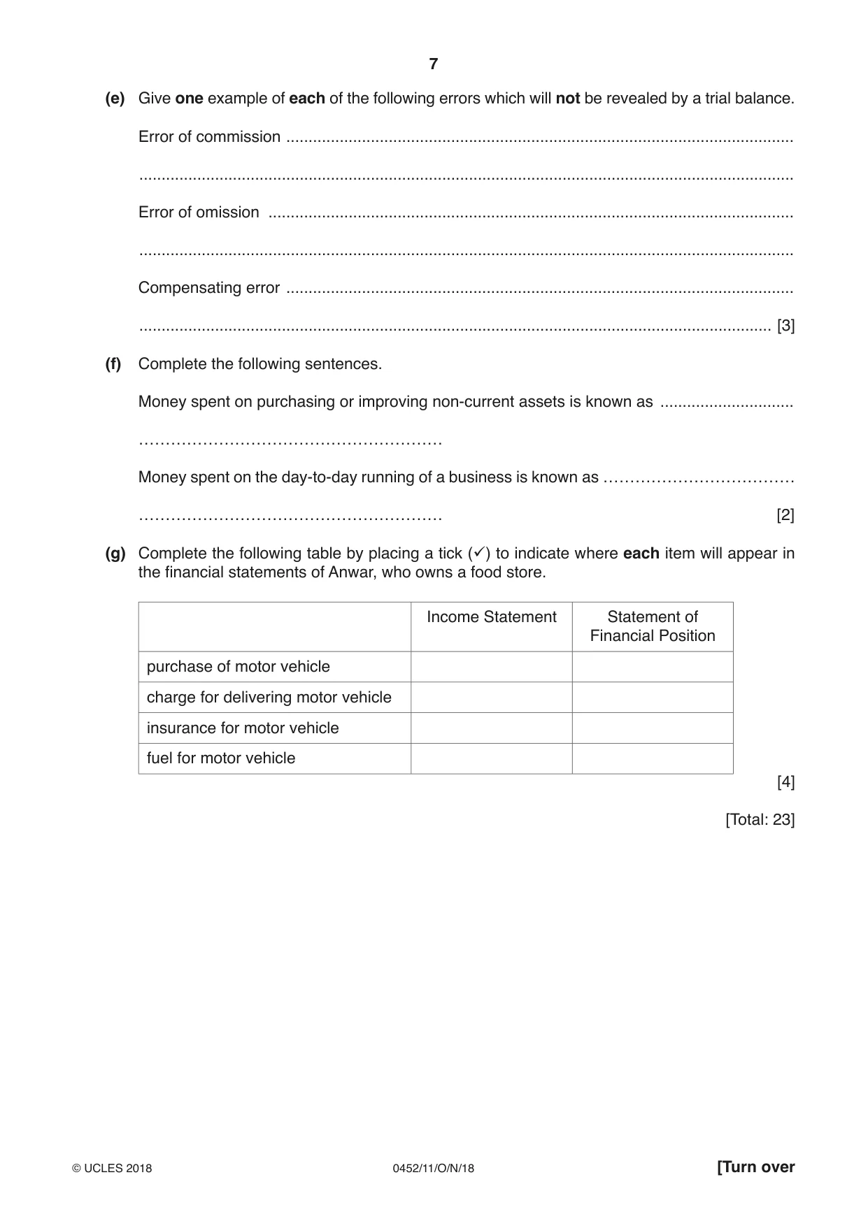 Cambridge IGCSE Accounting 0452 2018 Oct/Nov Paper 1 · Variant 1 question paper, page 7 of 20