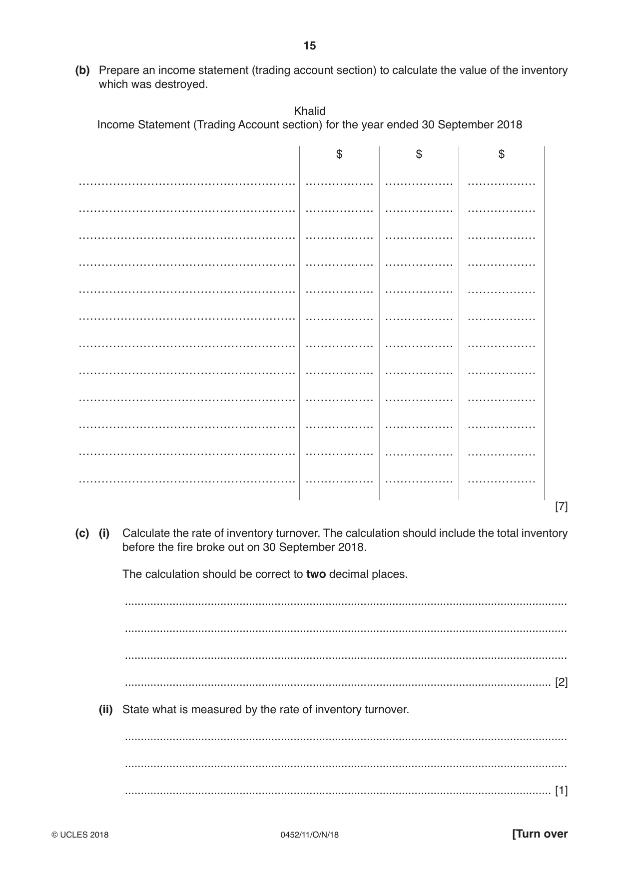 Cambridge IGCSE Accounting 0452 2018 Oct/Nov Paper 1 · Variant 1 question paper, page 15 of 20