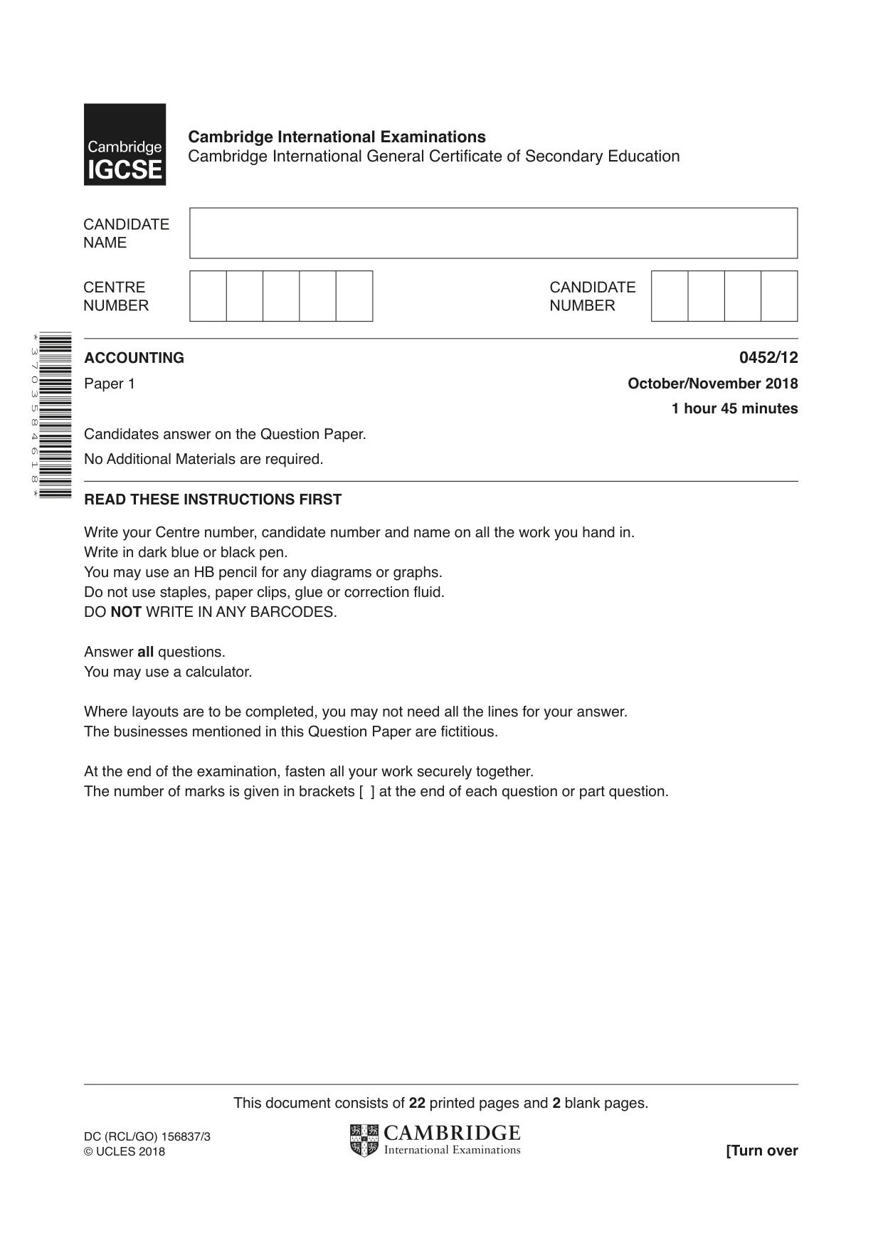 Cambridge IGCSE Accounting 0452 2018 Oct/Nov Paper 1 · Variant 2 question paper, page 1 of 24
