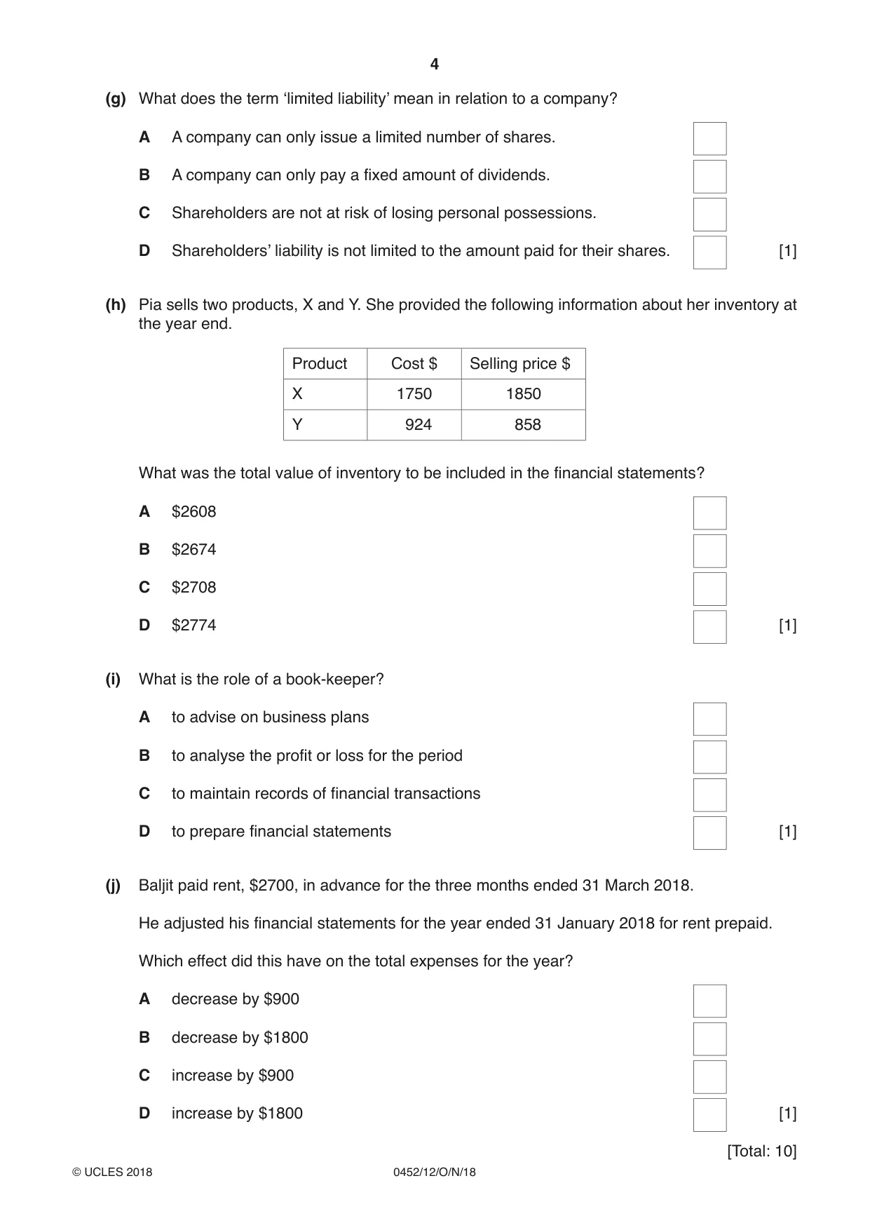 Cambridge IGCSE Accounting 0452 2018 Oct/Nov Paper 1 · Variant 2 question paper, page 4 of 24