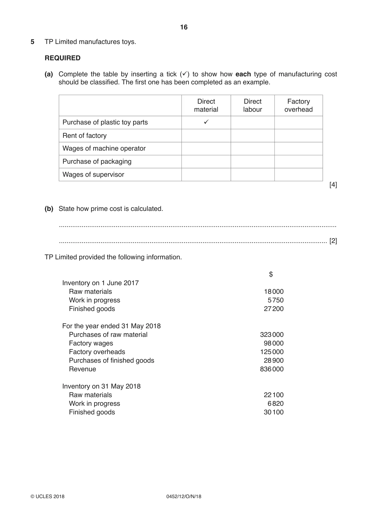 Cambridge IGCSE Accounting 0452 2018 Oct/Nov Paper 1 · Variant 2 question paper, page 16 of 24