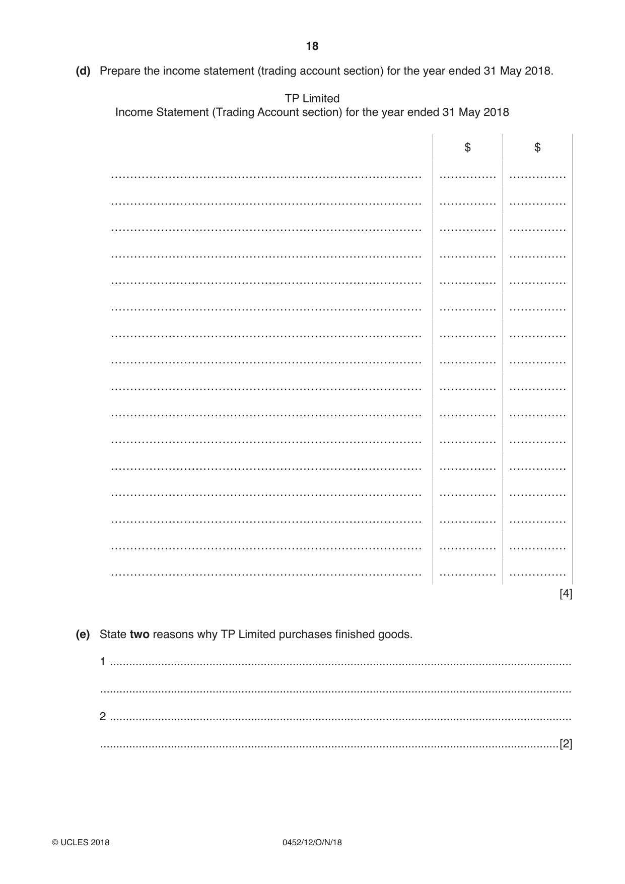 Cambridge IGCSE Accounting 0452 2018 Oct/Nov Paper 1 · Variant 2 question paper, page 18 of 24