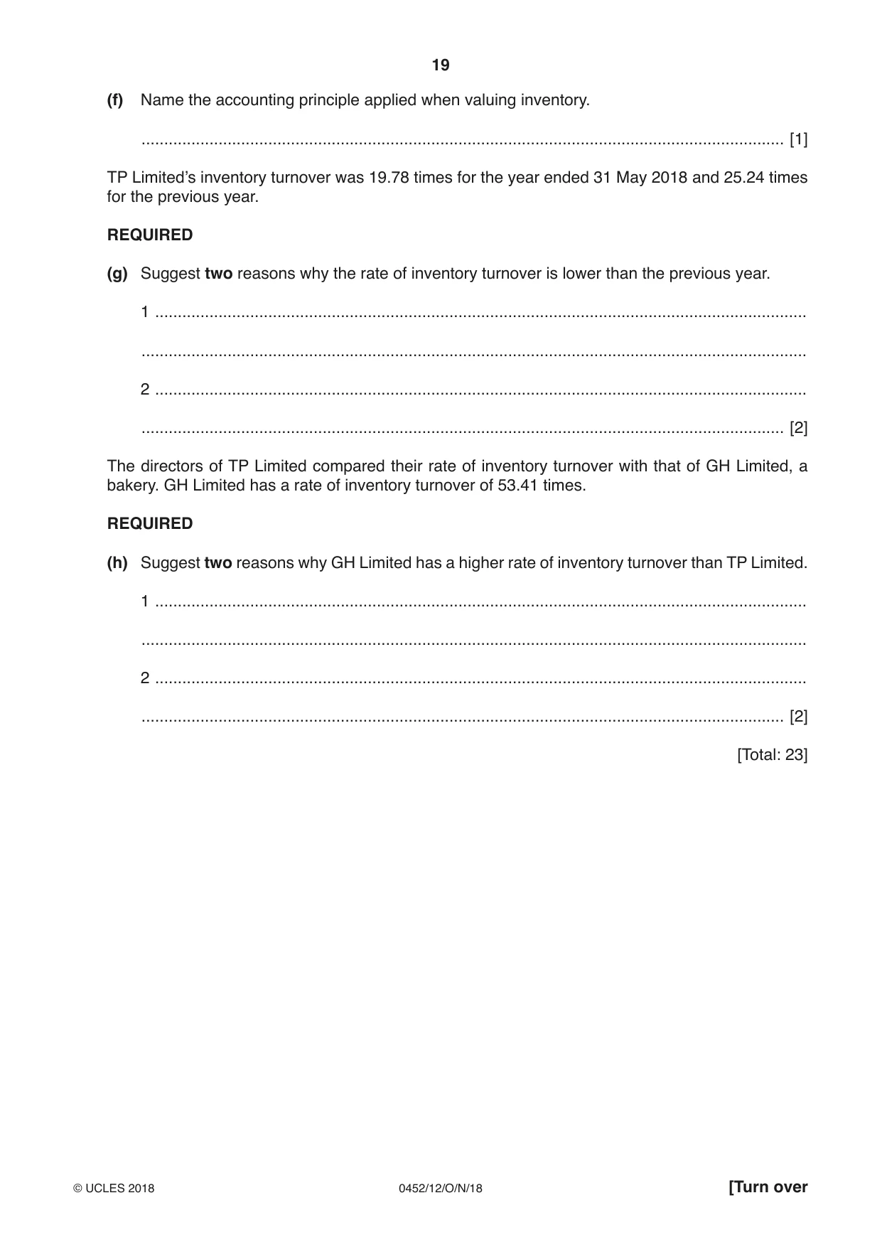 Cambridge IGCSE Accounting 0452 2018 Oct/Nov Paper 1 · Variant 2 question paper, page 19 of 24