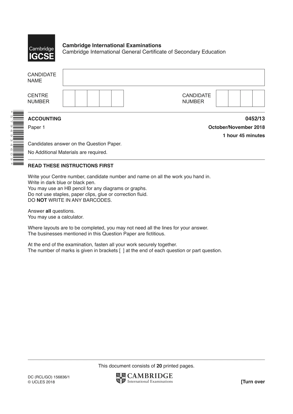 Cambridge IGCSE Accounting 0452 2018 Oct/Nov Paper 1 · Variant 3 question paper, page 1 of 20