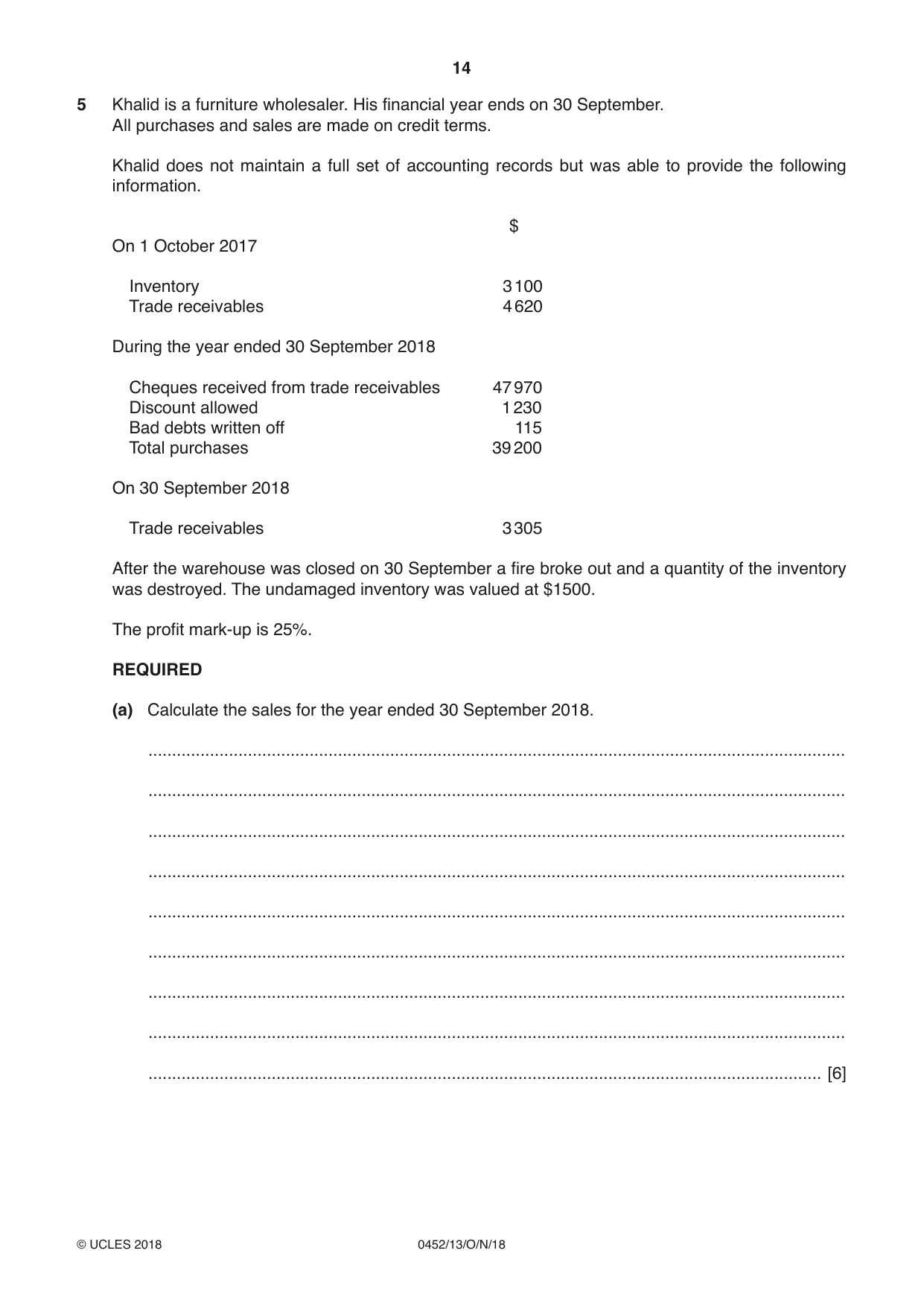 Cambridge IGCSE Accounting 0452 2018 Oct/Nov Paper 1 · Variant 3 question paper, page 14 of 20
