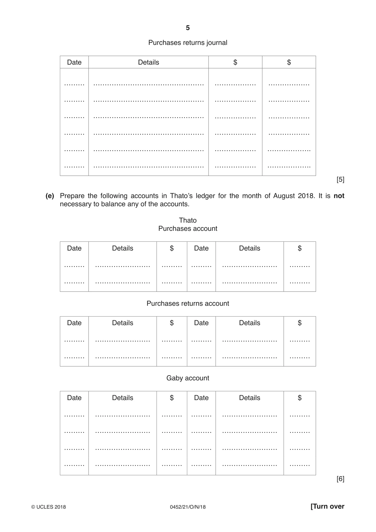 Cambridge IGCSE Accounting 0452 2018 Oct/Nov Paper 2 · Variant 1 question paper, page 5 of 24