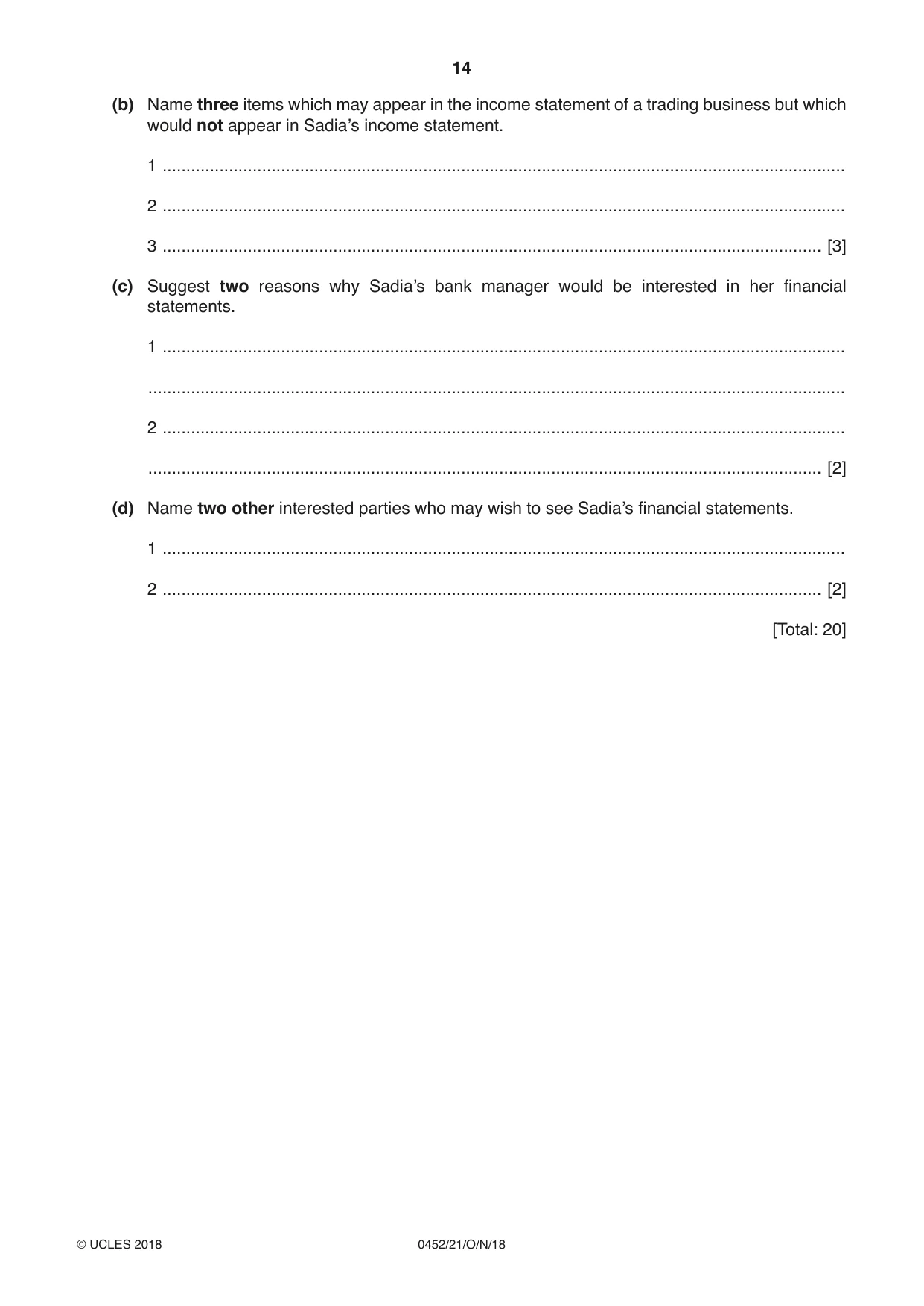 Cambridge IGCSE Accounting 0452 2018 Oct/Nov Paper 2 · Variant 1 question paper, page 14 of 24