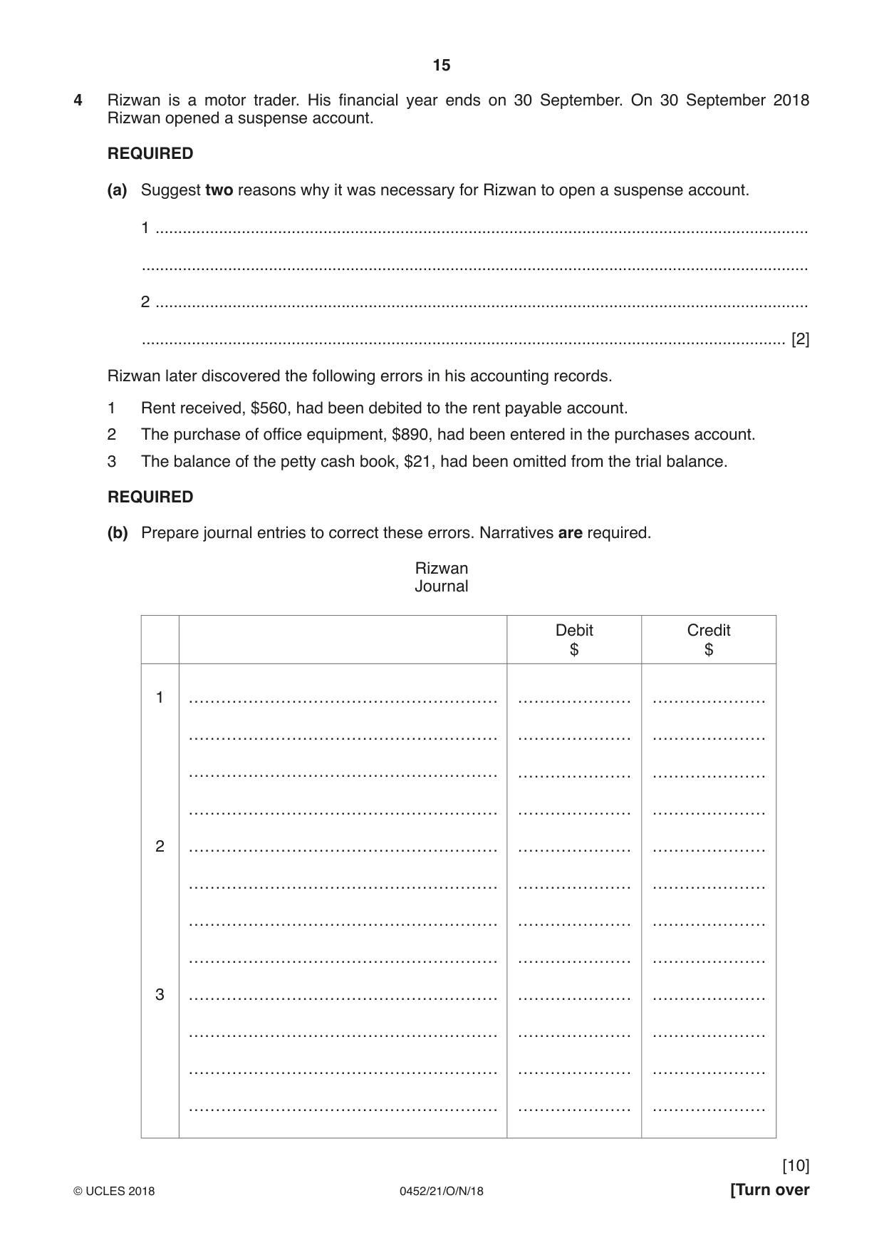 Cambridge IGCSE Accounting 0452 2018 Oct/Nov Paper 2 · Variant 1 question paper, page 15 of 24