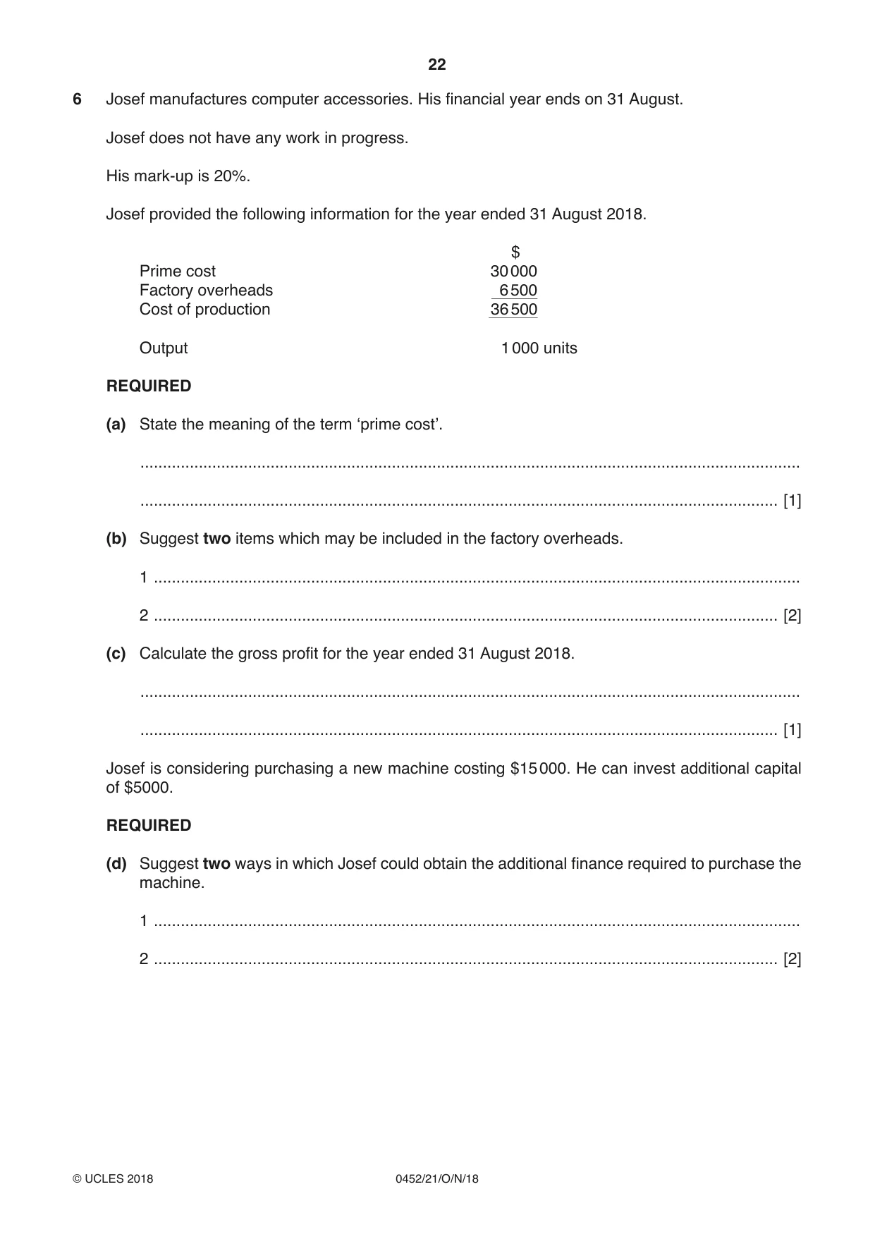 Cambridge IGCSE Accounting 0452 2018 Oct/Nov Paper 2 · Variant 1 question paper, page 22 of 24