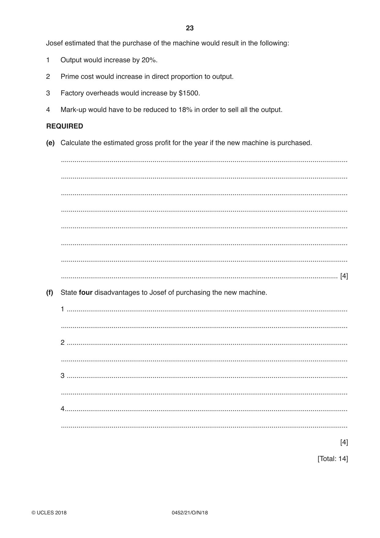 Cambridge IGCSE Accounting 0452 2018 Oct/Nov Paper 2 · Variant 1 question paper, page 23 of 24