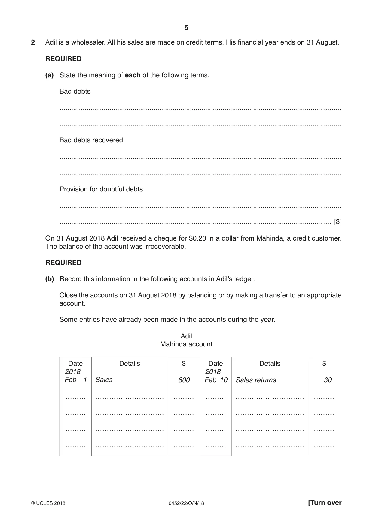 Cambridge IGCSE Accounting 0452 2018 Oct/Nov Paper 2 · Variant 2 question paper, page 5 of 24