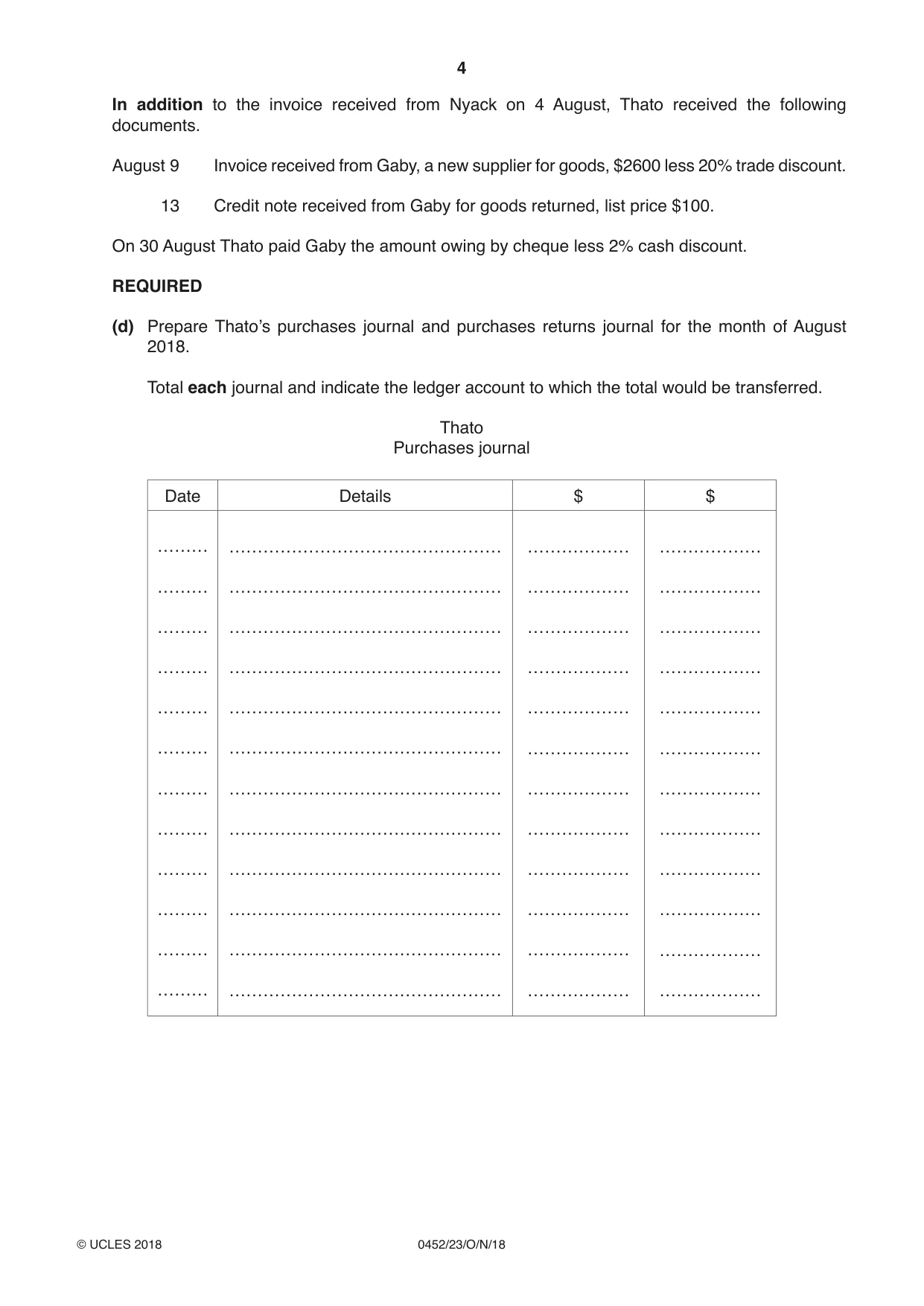 Cambridge IGCSE Accounting 0452 2018 Oct/Nov Paper 2 · Variant 3 question paper, page 4 of 24