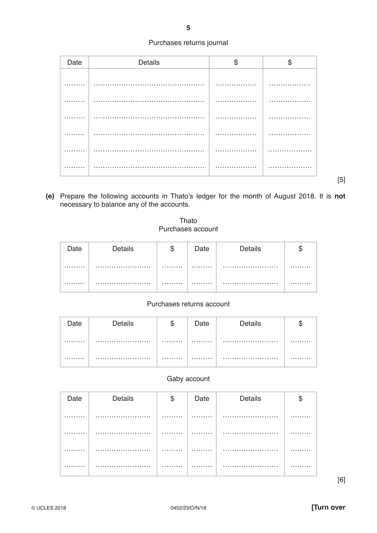 Cambridge IGCSE Accounting 0452 2018 Oct/Nov Paper 2 · Variant 3 question paper, page 5 of 24