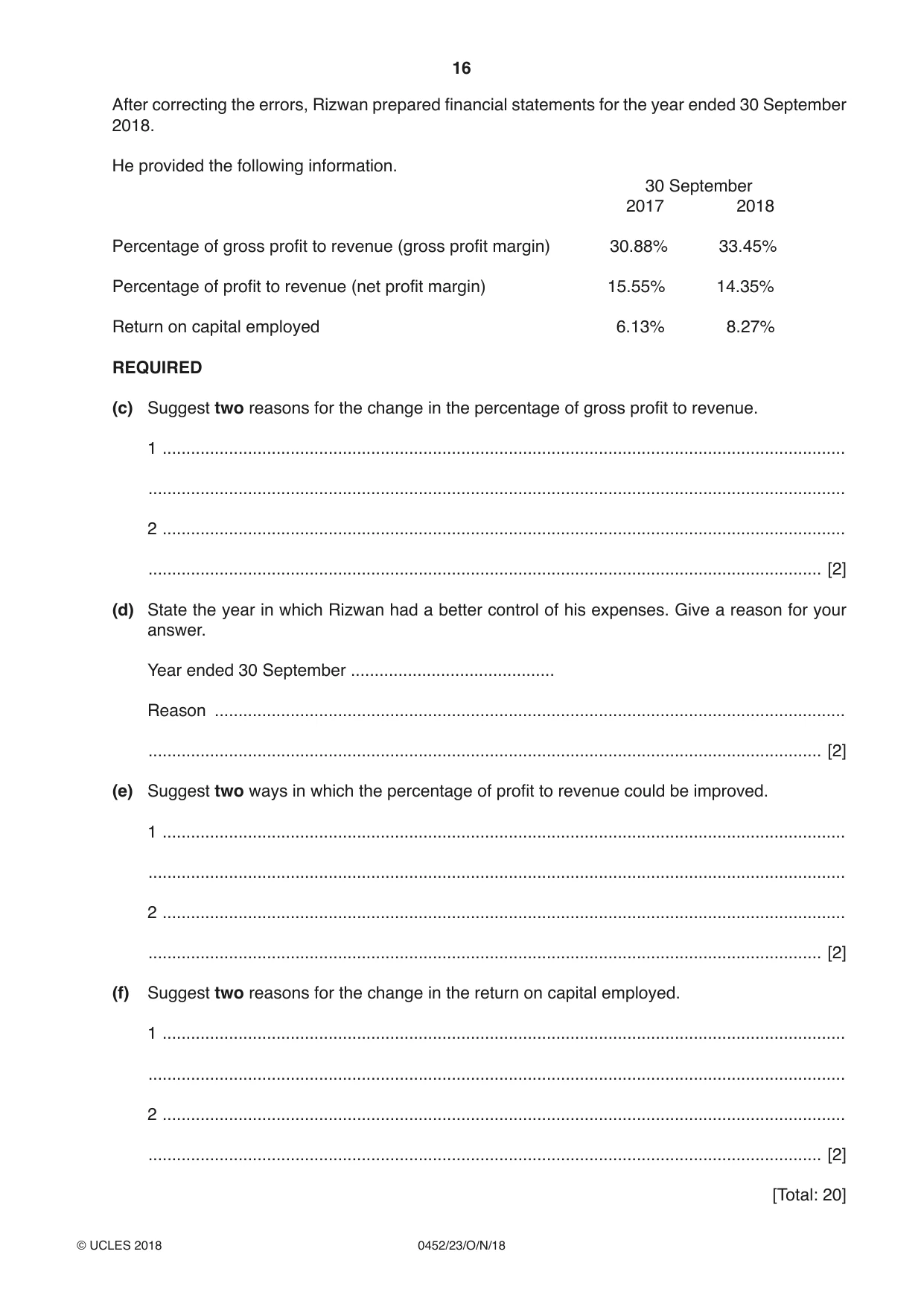 Cambridge IGCSE Accounting 0452 2018 Oct/Nov Paper 2 · Variant 3 question paper, page 16 of 24