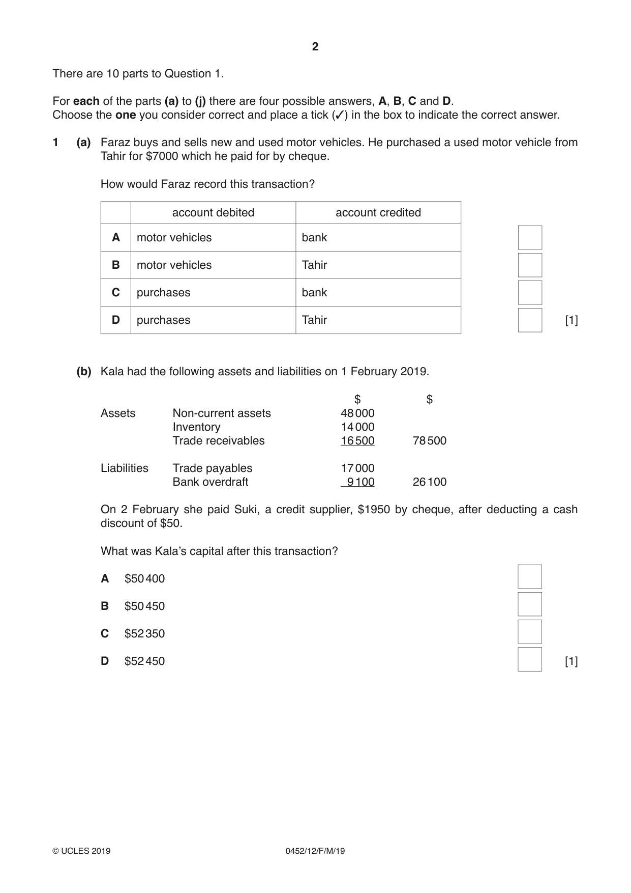 Cambridge IGCSE Accounting 0452 2019 Feb/March Paper 1 · Variant 2 question paper, page 2 of 20