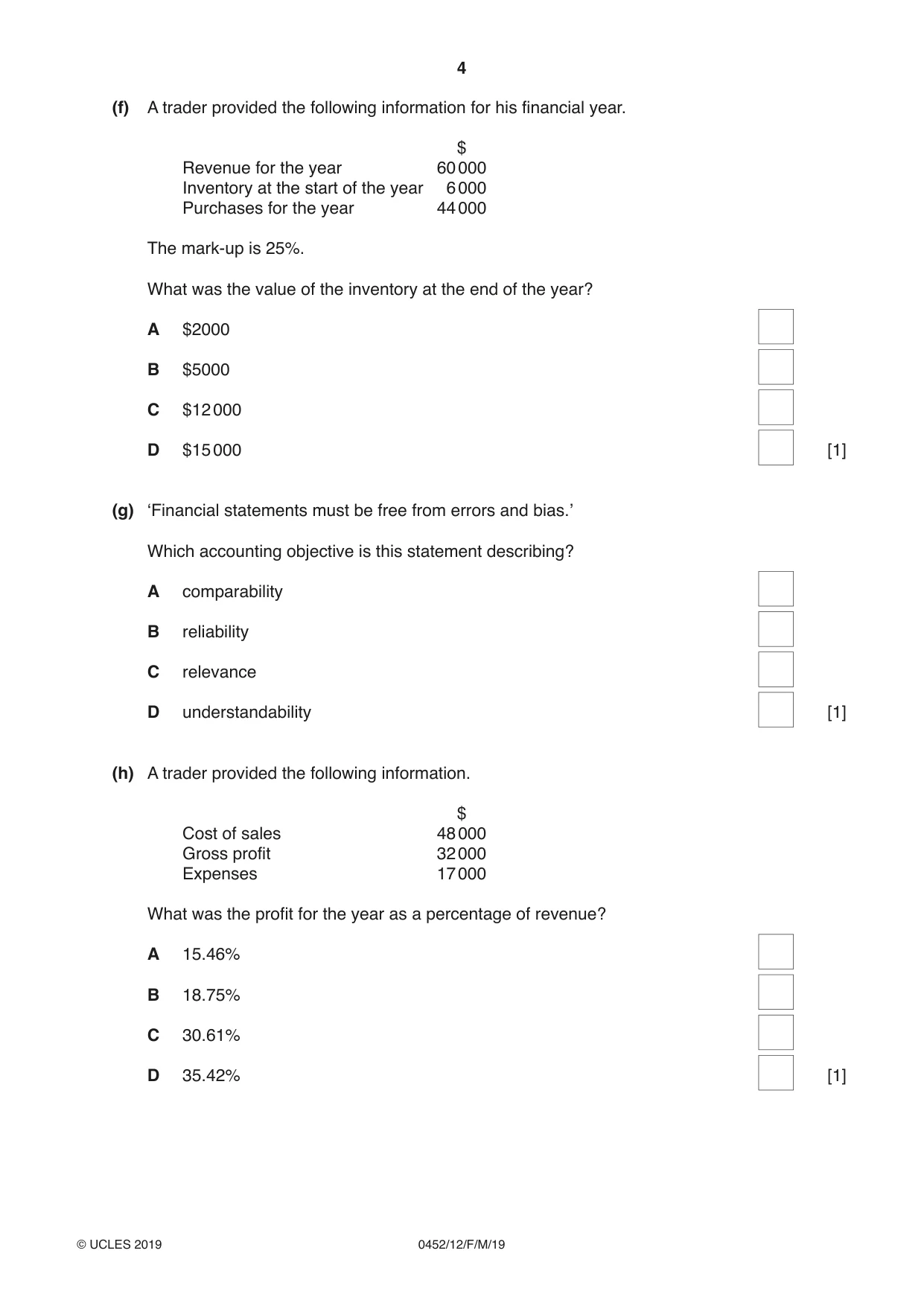 Cambridge IGCSE Accounting 0452 2019 Feb/March Paper 1 · Variant 2 question paper, page 4 of 20