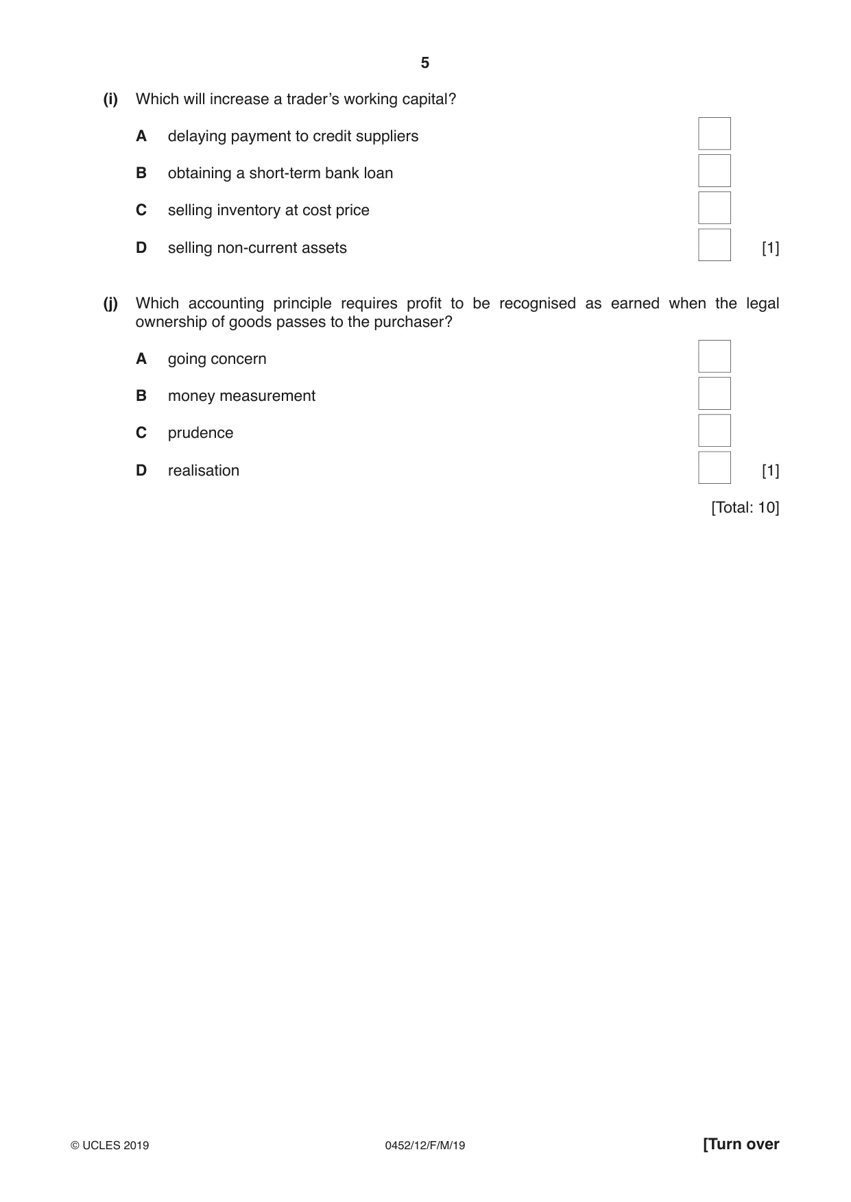 Cambridge IGCSE Accounting 0452 2019 Feb/March Paper 1 · Variant 2 question paper, page 5 of 20
