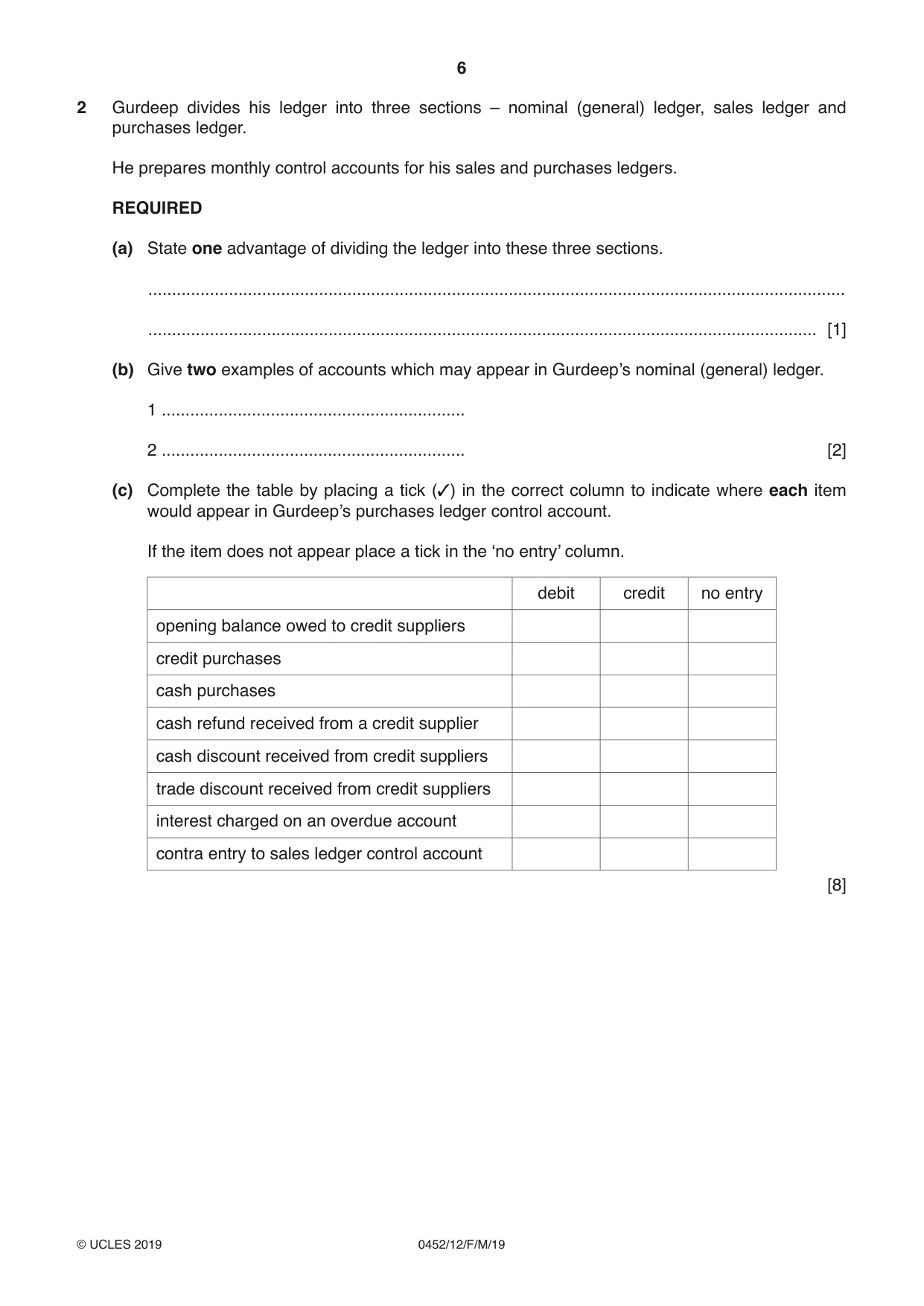 Cambridge IGCSE Accounting 0452 2019 Feb/March Paper 1 · Variant 2 question paper, page 6 of 20