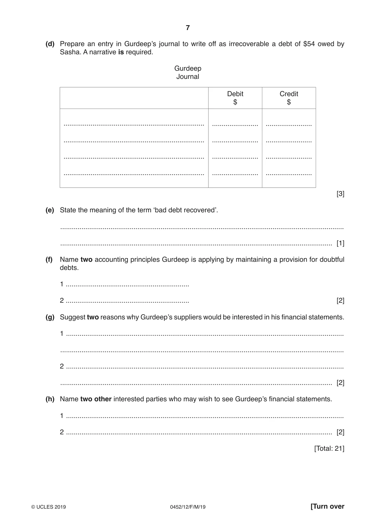 Cambridge IGCSE Accounting 0452 2019 Feb/March Paper 1 · Variant 2 question paper, page 7 of 20