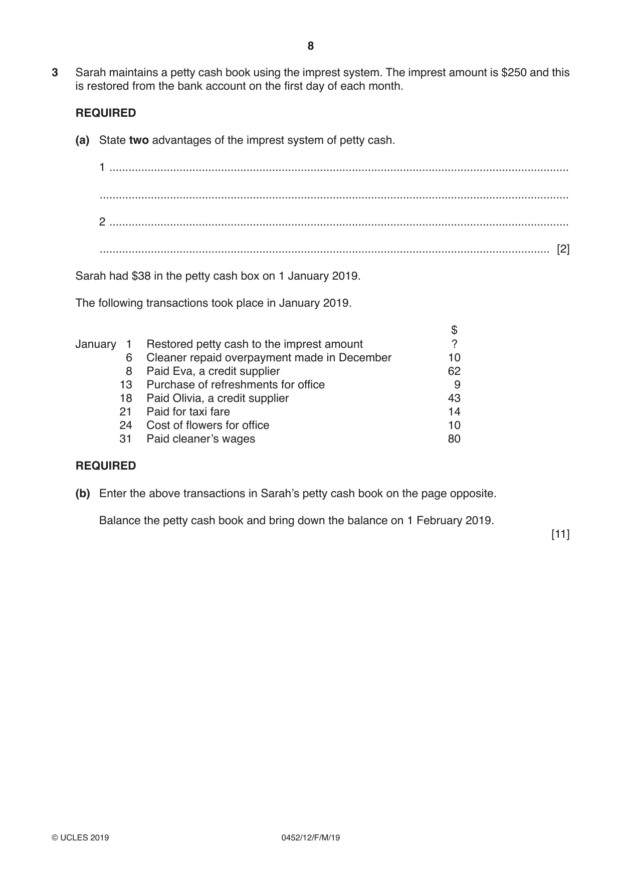 Cambridge IGCSE Accounting 0452 2019 Feb/March Paper 1 · Variant 2 question paper, page 8 of 20