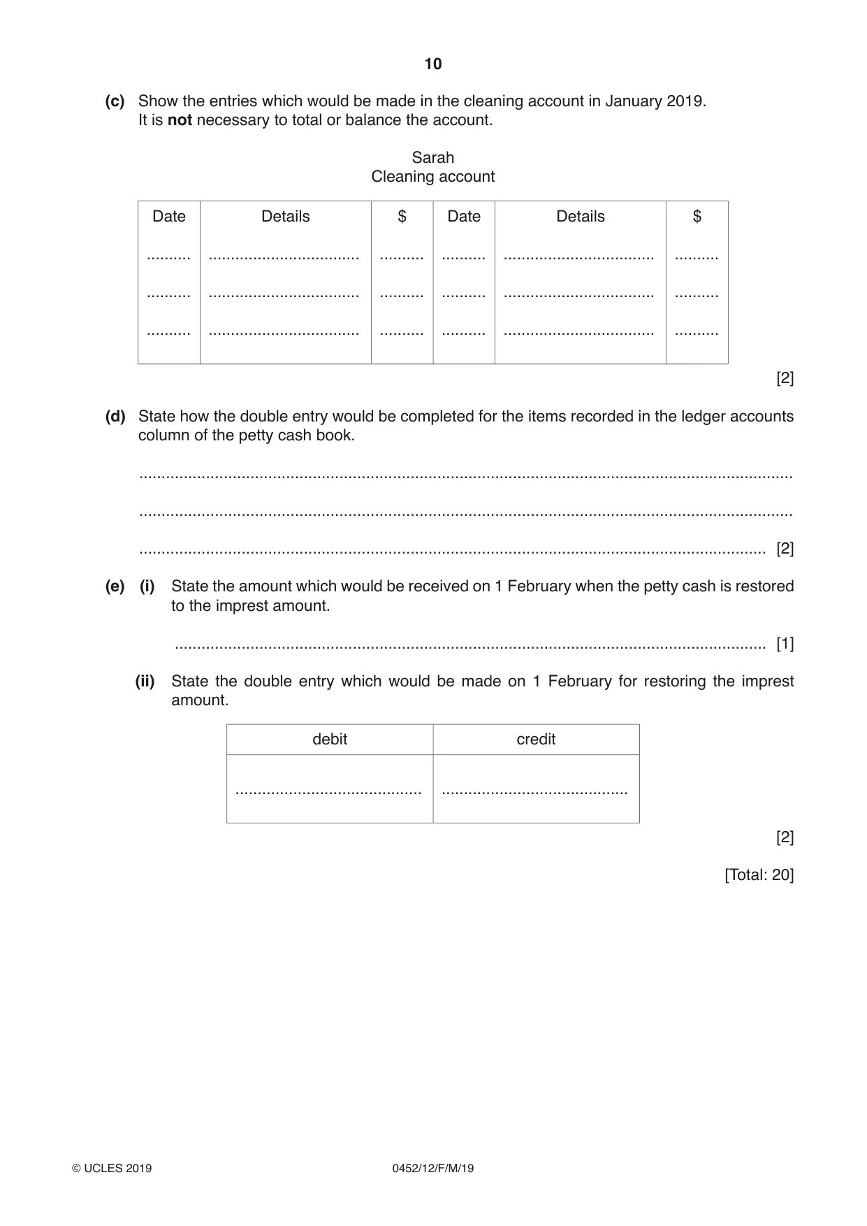 Cambridge IGCSE Accounting 0452 2019 Feb/March Paper 1 · Variant 2 question paper, page 10 of 20