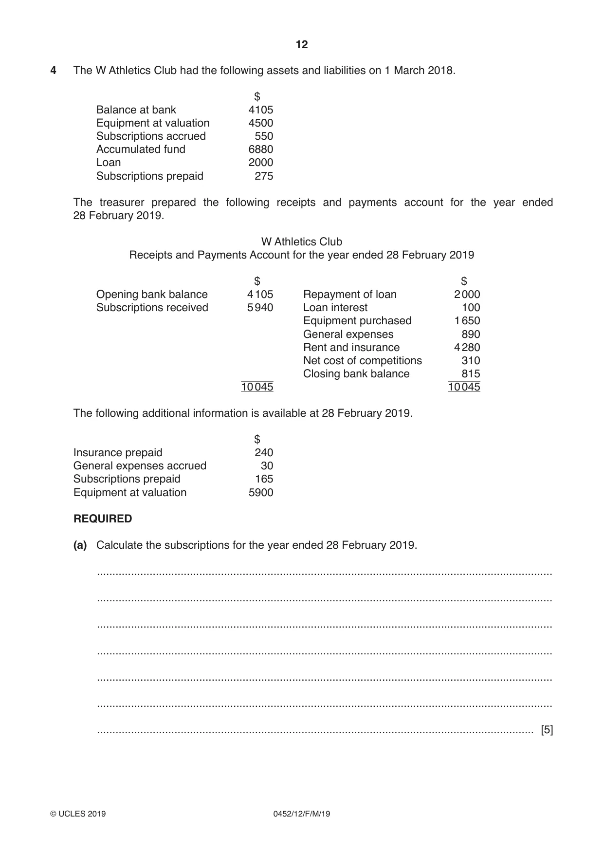 Cambridge IGCSE Accounting 0452 2019 Feb/March Paper 1 · Variant 2 question paper, page 12 of 20
