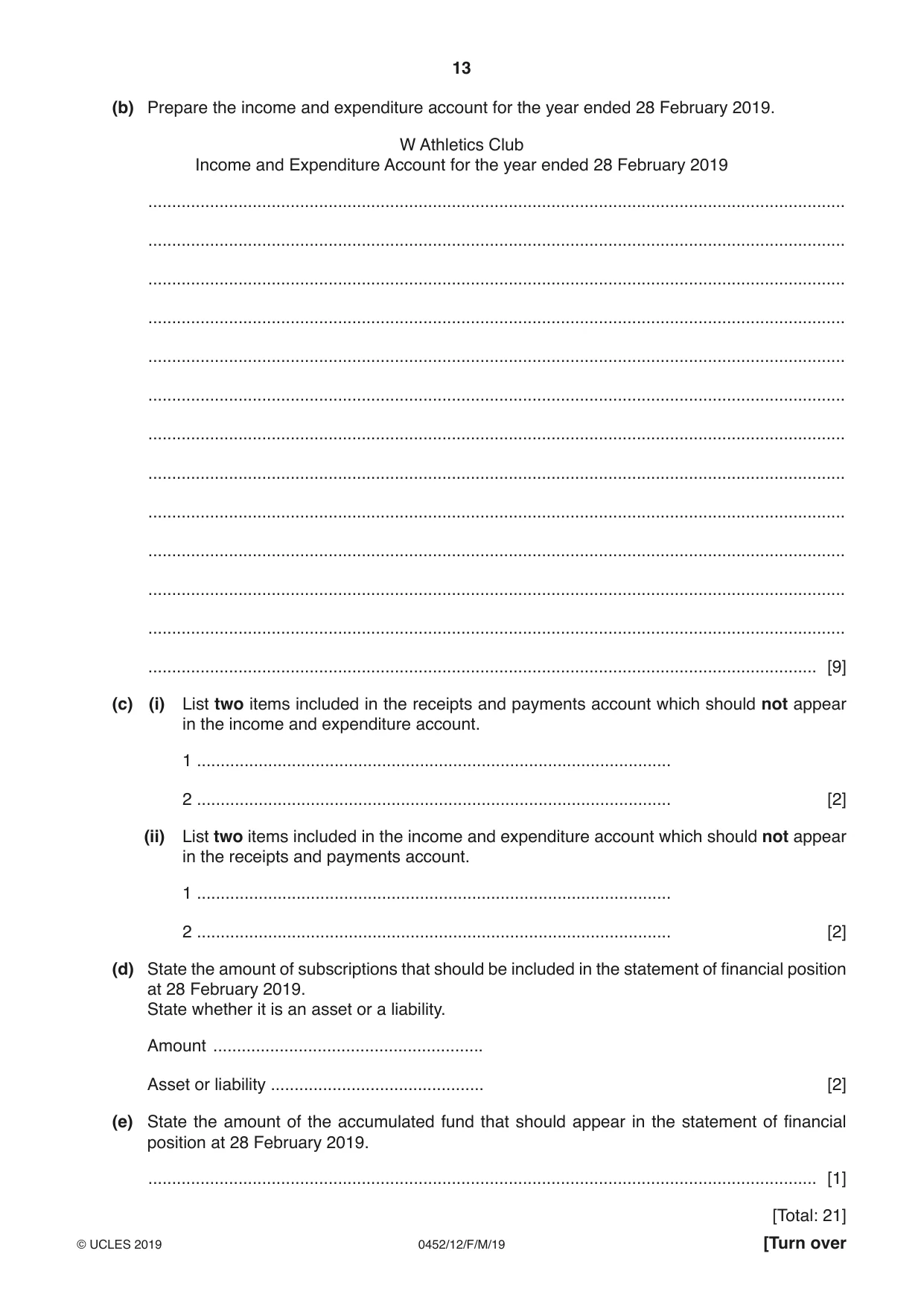Cambridge IGCSE Accounting 0452 2019 Feb/March Paper 1 · Variant 2 question paper, page 13 of 20