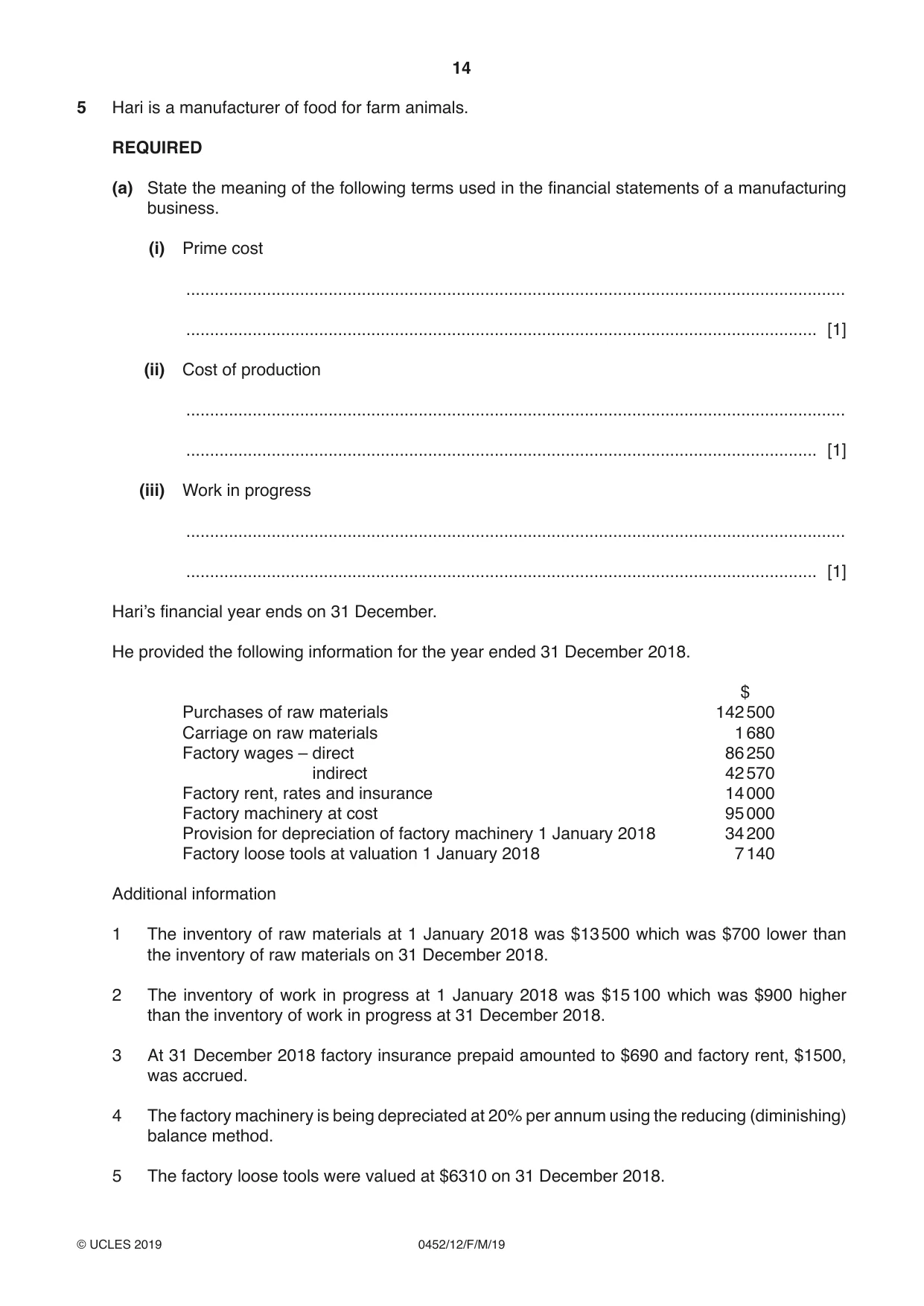 Cambridge IGCSE Accounting 0452 2019 Feb/March Paper 1 · Variant 2 question paper, page 14 of 20