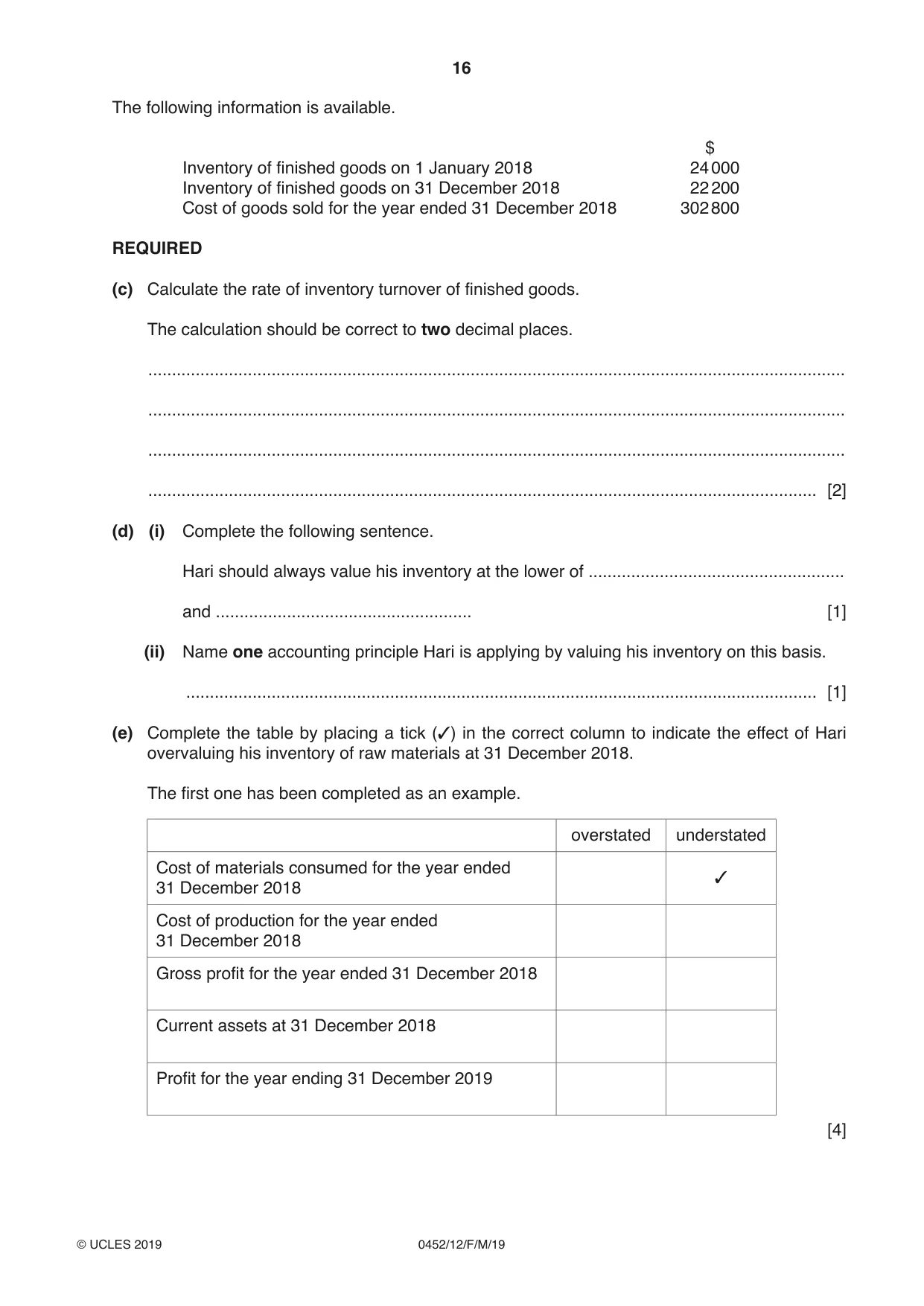 Cambridge IGCSE Accounting 0452 2019 Feb/March Paper 1 · Variant 2 question paper, page 16 of 20