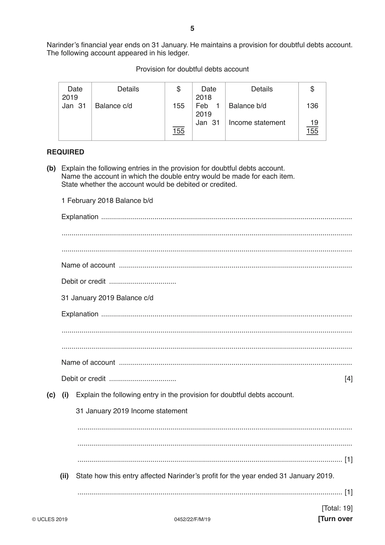 Cambridge IGCSE Accounting 0452 2019 Feb/March Paper 2 · Variant 2 question paper, page 5 of 20