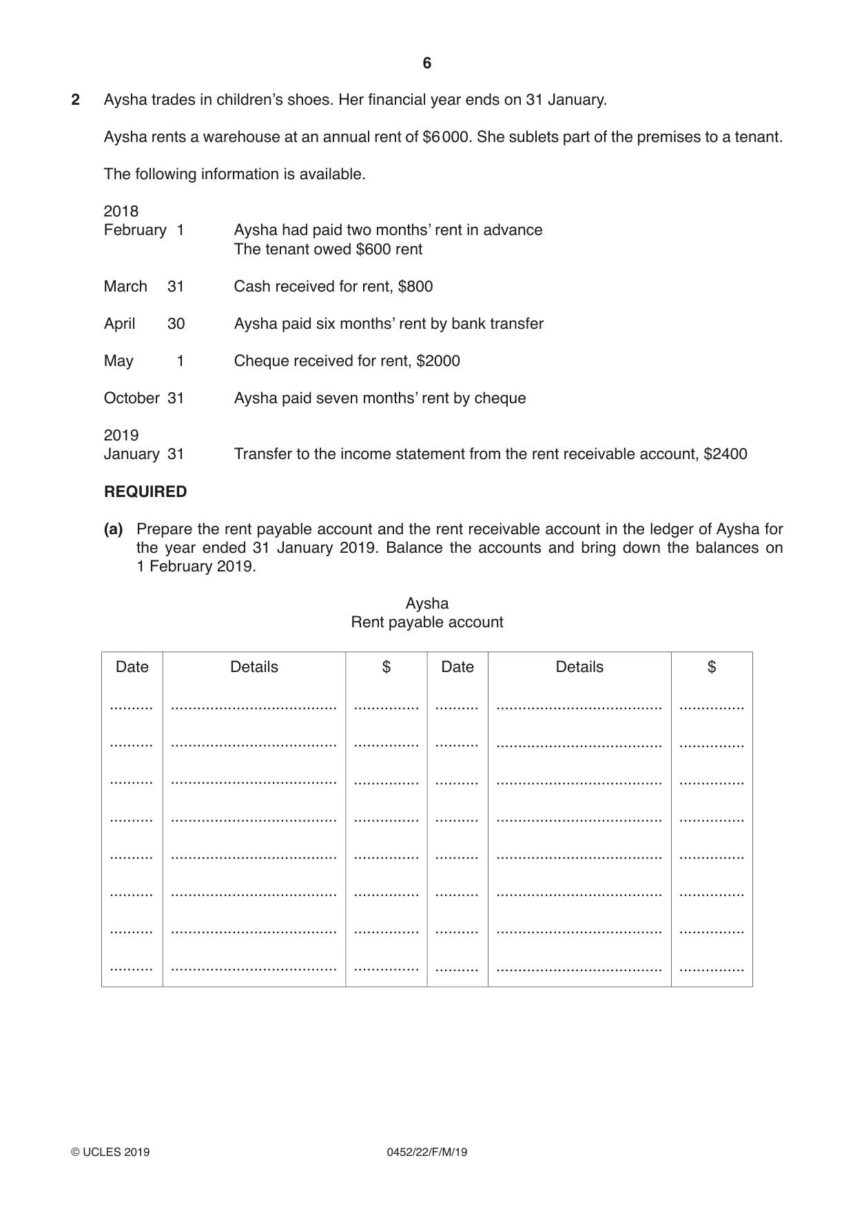 Cambridge IGCSE Accounting 0452 2019 Feb/March Paper 2 · Variant 2 question paper, page 6 of 20