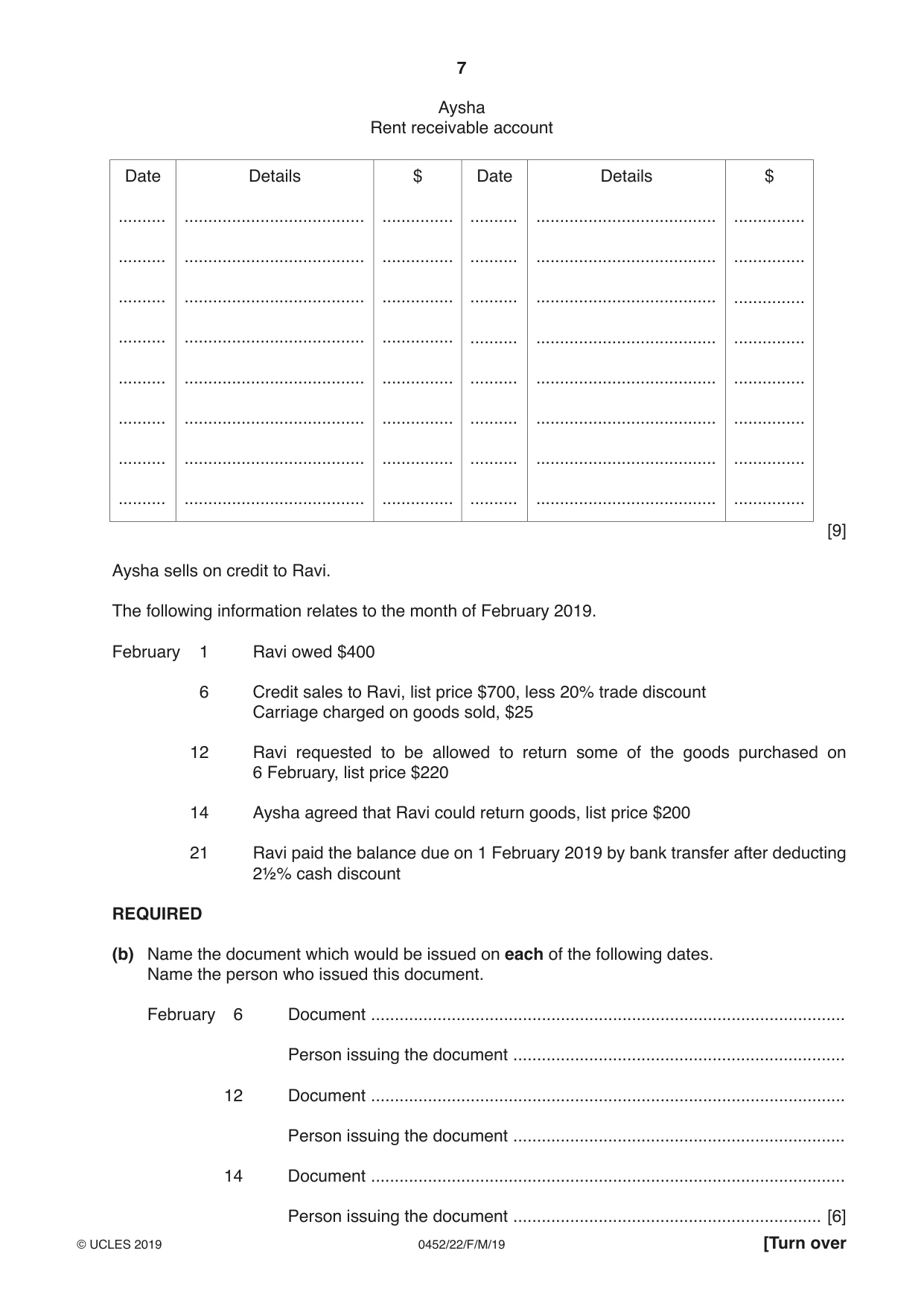 Cambridge IGCSE Accounting 0452 2019 Feb/March Paper 2 · Variant 2 question paper, page 7 of 20
