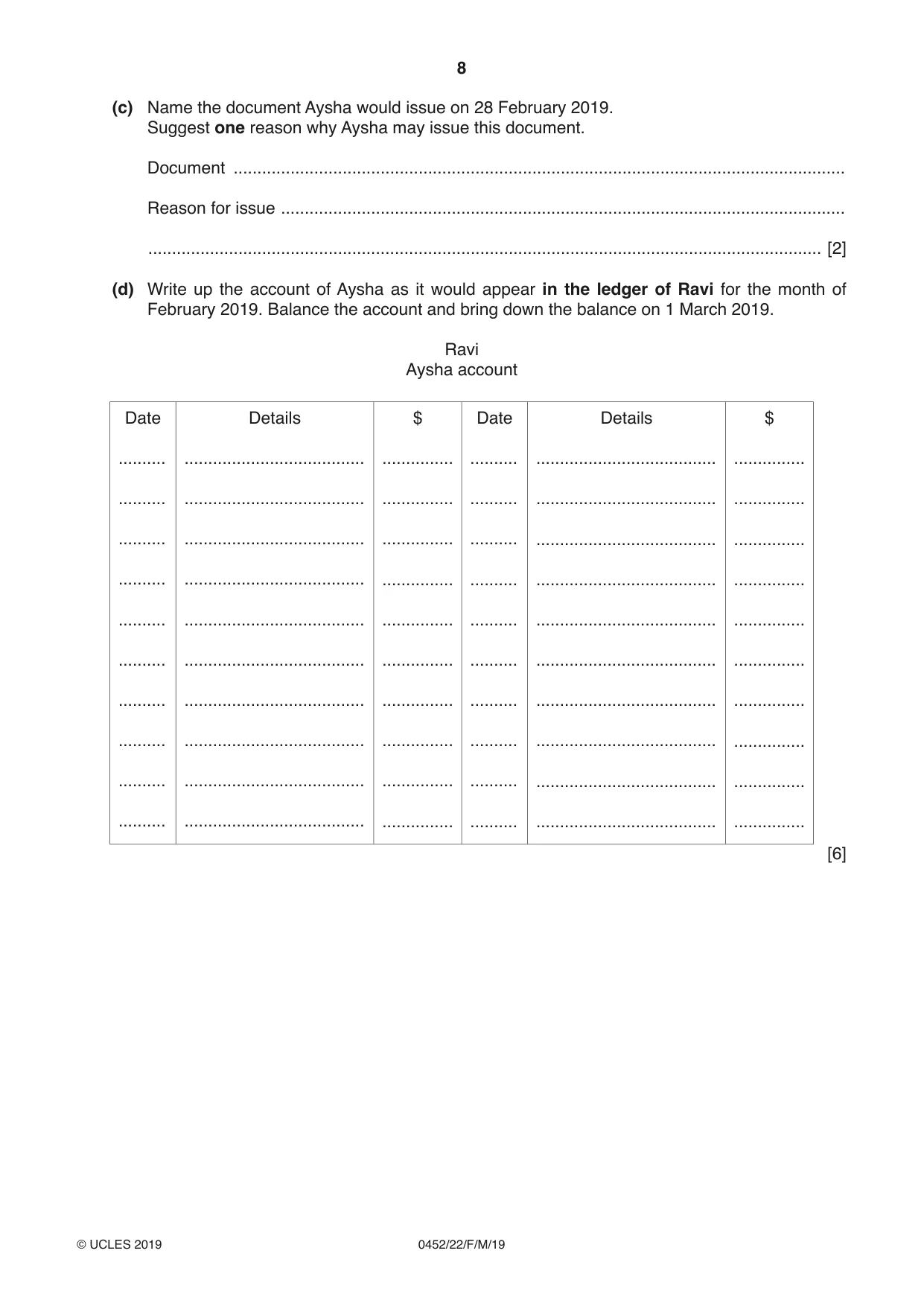 Cambridge IGCSE Accounting 0452 2019 Feb/March Paper 2 · Variant 2 question paper, page 8 of 20