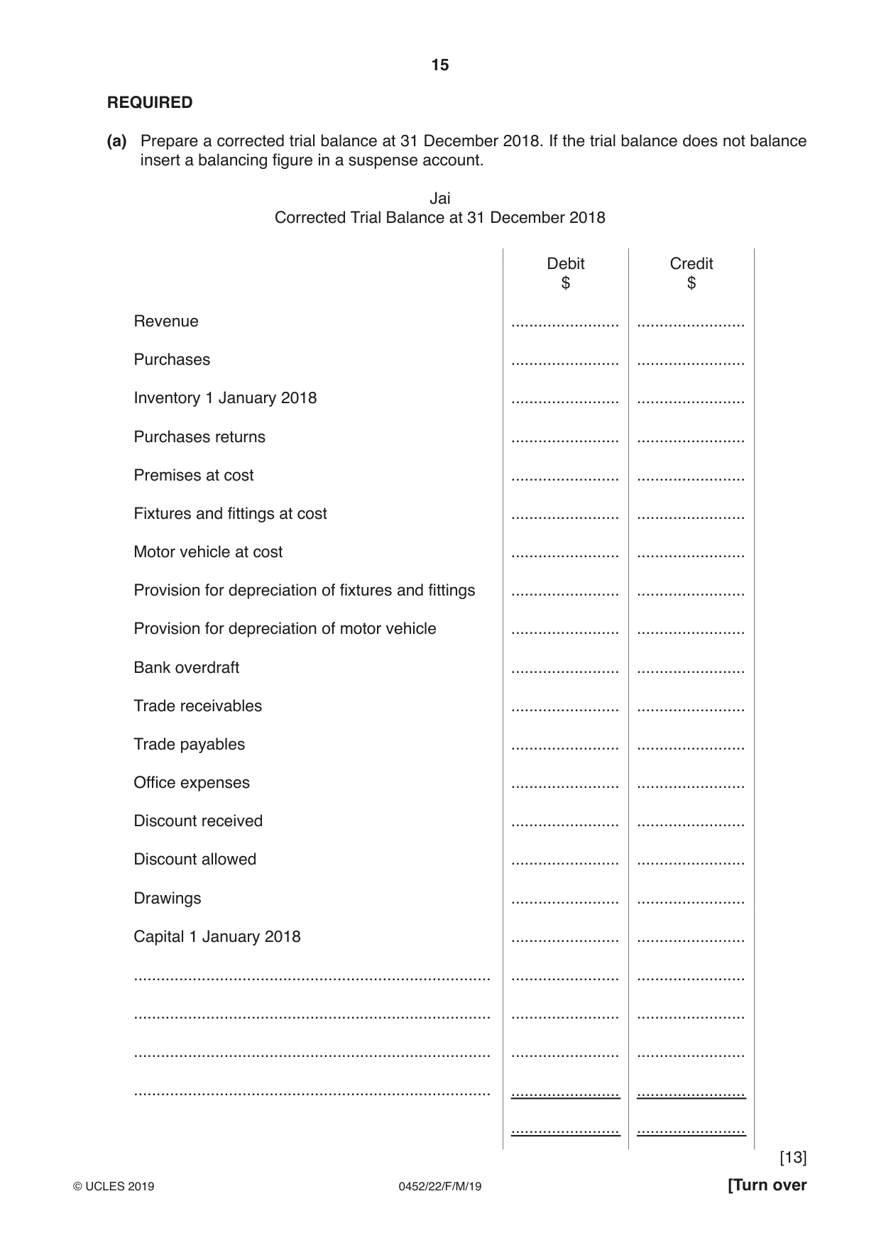 Cambridge IGCSE Accounting 0452 2019 Feb/March Paper 2 · Variant 2 question paper, page 15 of 20
