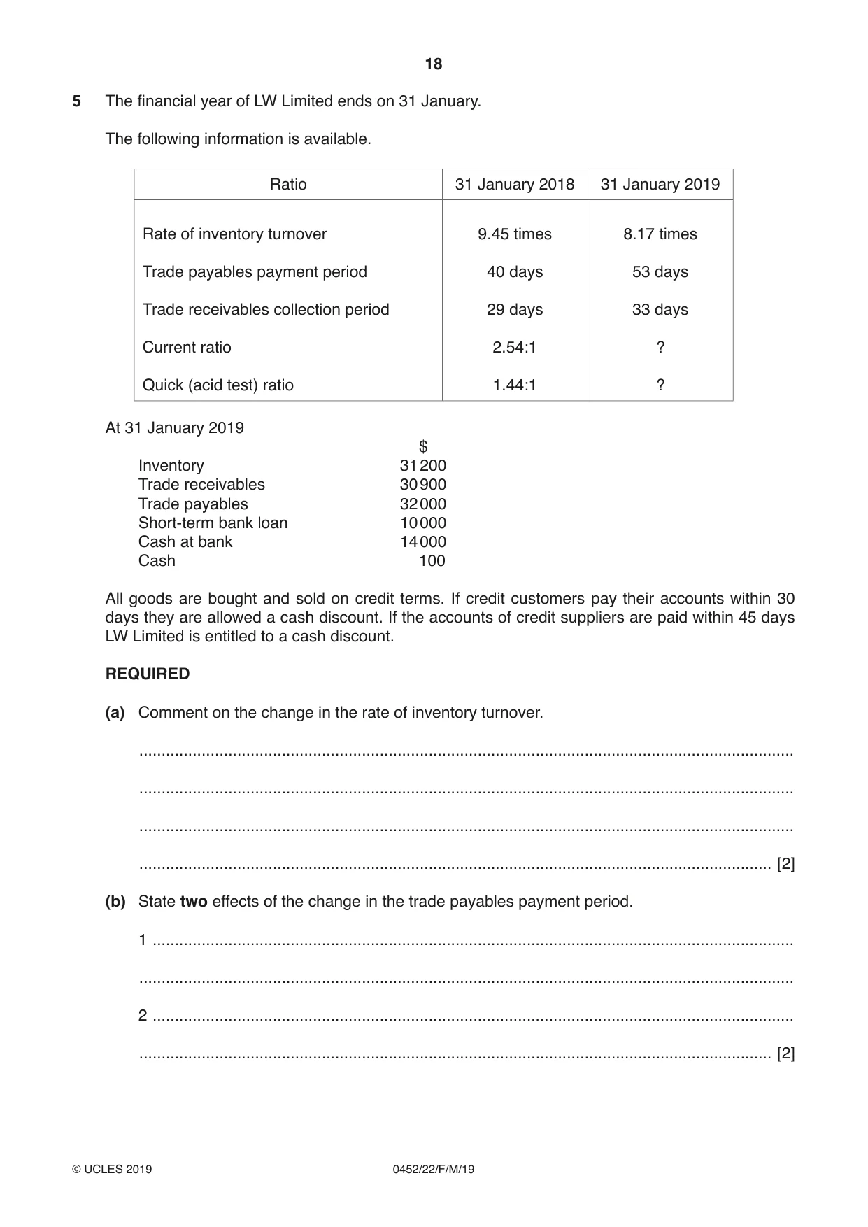 Cambridge IGCSE Accounting 0452 2019 Feb/March Paper 2 · Variant 2 question paper, page 18 of 20