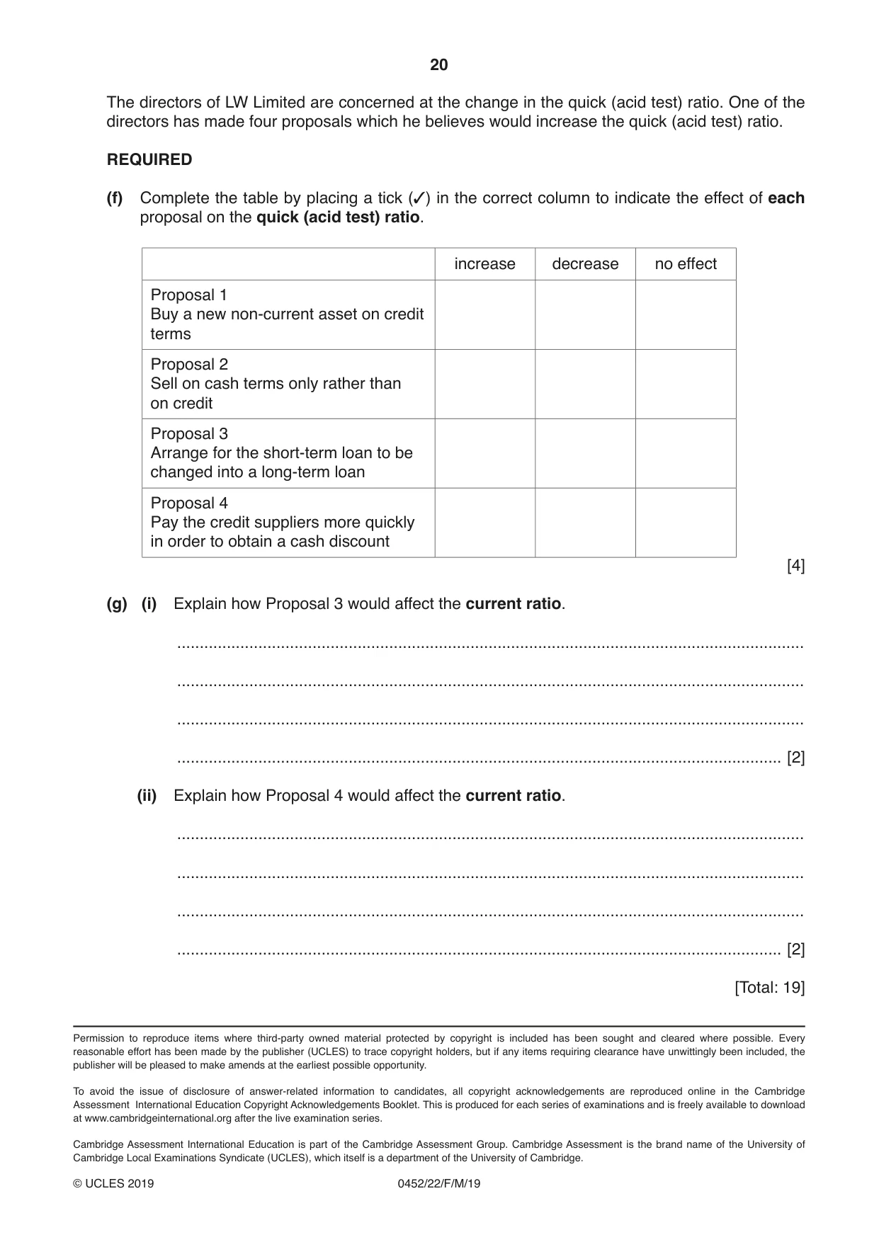 Cambridge IGCSE Accounting 0452 2019 Feb/March Paper 2 · Variant 2 question paper, page 20 of 20