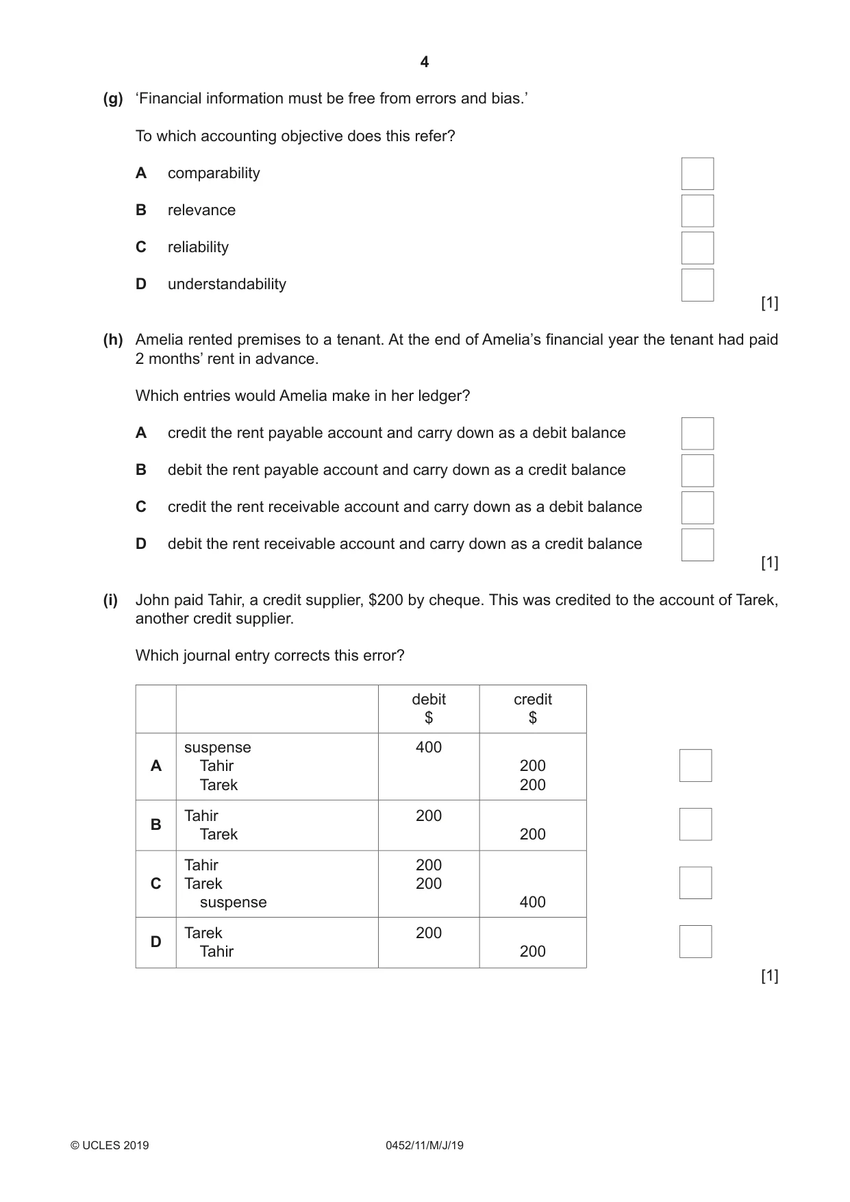 Cambridge IGCSE Accounting 0452 2019 May/June Paper 1 · Variant 1 question paper, page 4 of 24