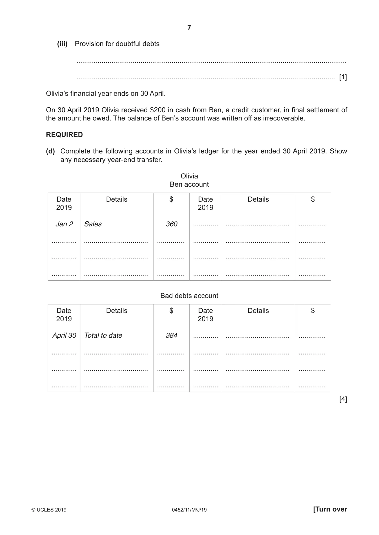 Cambridge IGCSE Accounting 0452 2019 May/June Paper 1 · Variant 1 question paper, page 7 of 24