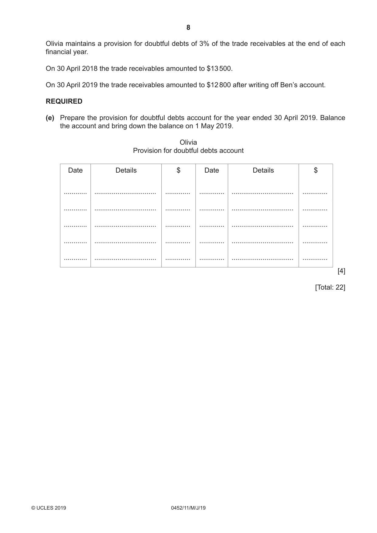 Cambridge IGCSE Accounting 0452 2019 May/June Paper 1 · Variant 1 question paper, page 8 of 24