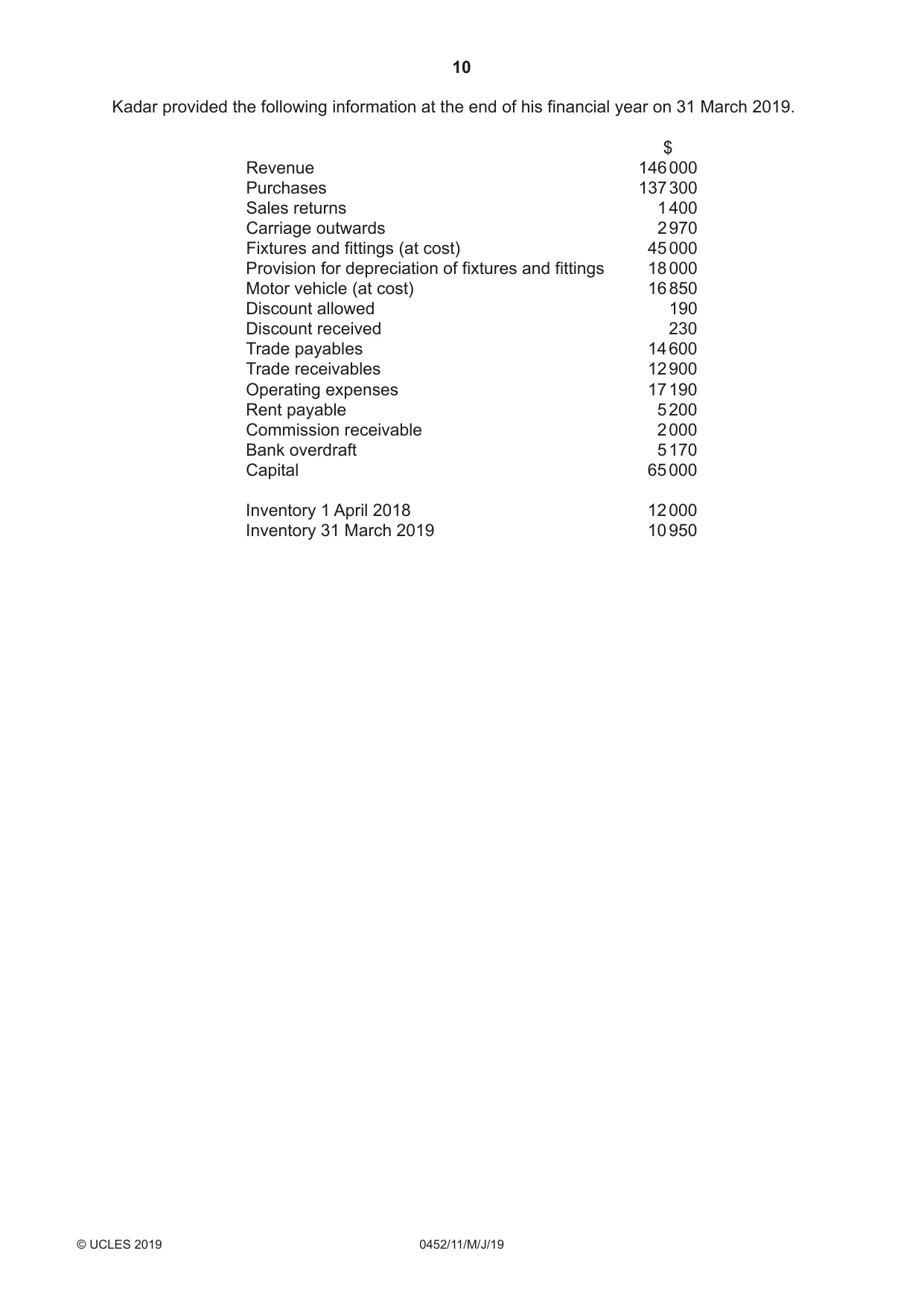 Cambridge IGCSE Accounting 0452 2019 May/June Paper 1 · Variant 1 question paper, page 10 of 24