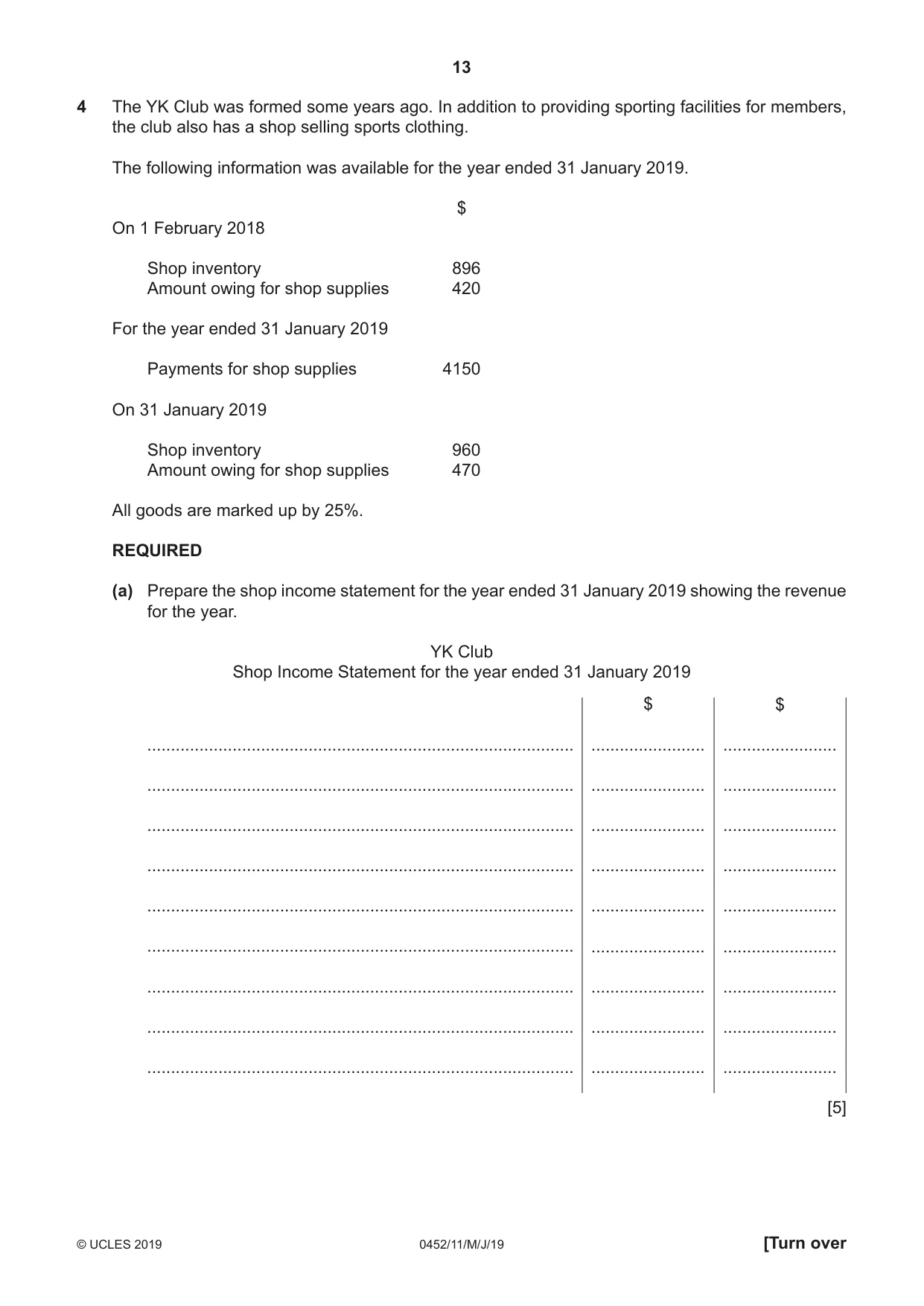 Cambridge IGCSE Accounting 0452 2019 May/June Paper 1 · Variant 1 question paper, page 13 of 24