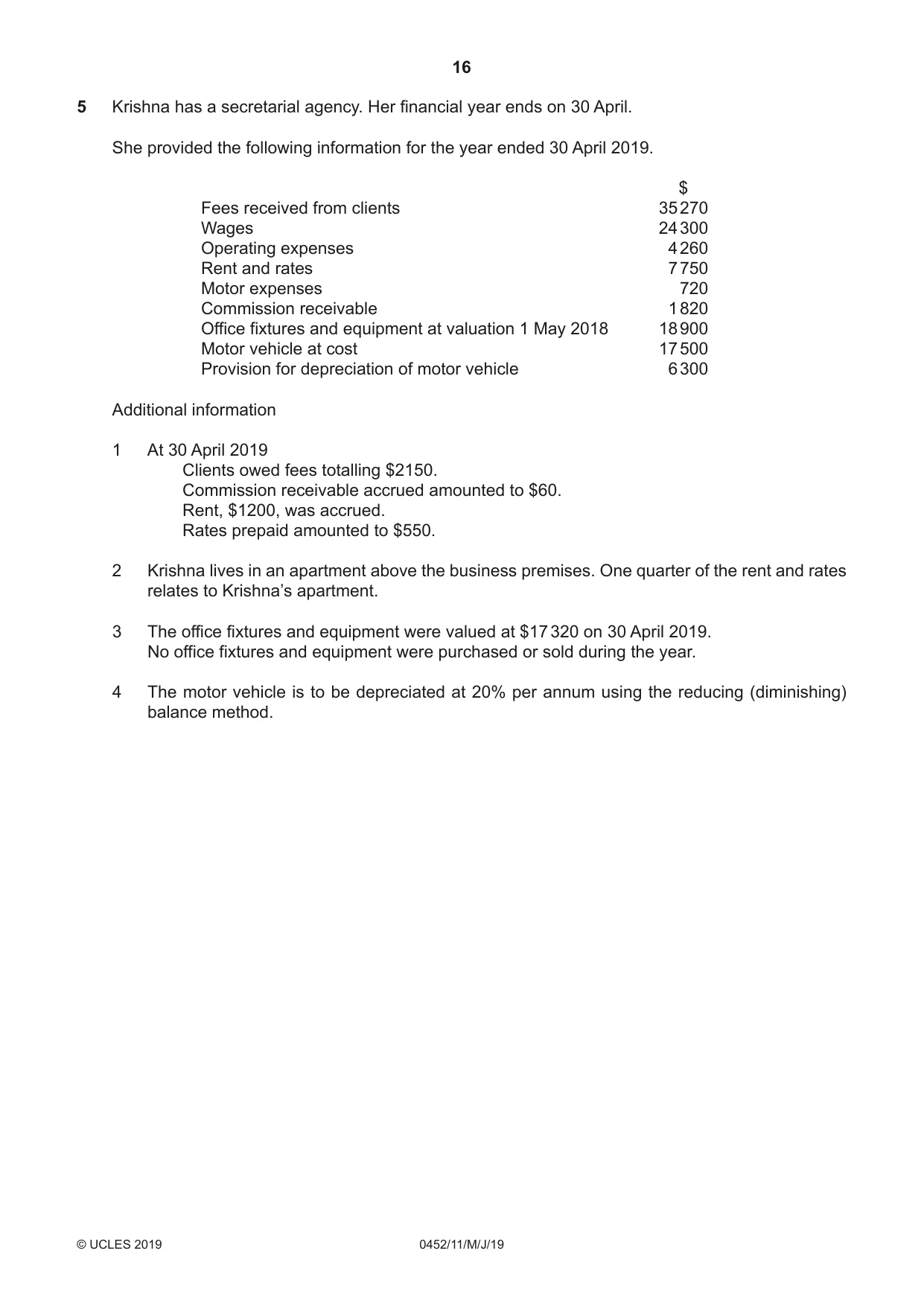 Cambridge IGCSE Accounting 0452 2019 May/June Paper 1 · Variant 1 question paper, page 16 of 24
